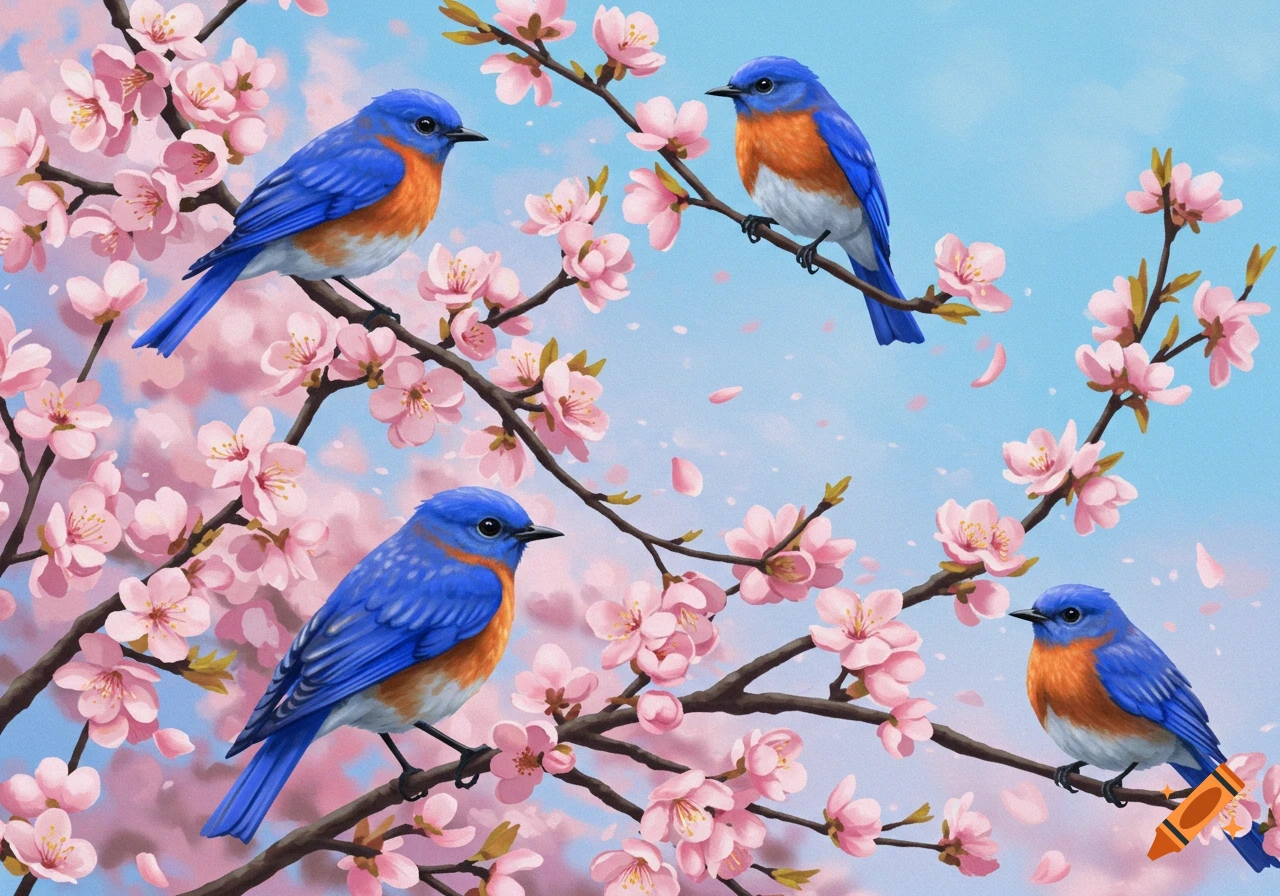 Digital painting of four bluebirds with orange chests perched on pink cherry blossom branches against a blue sky.