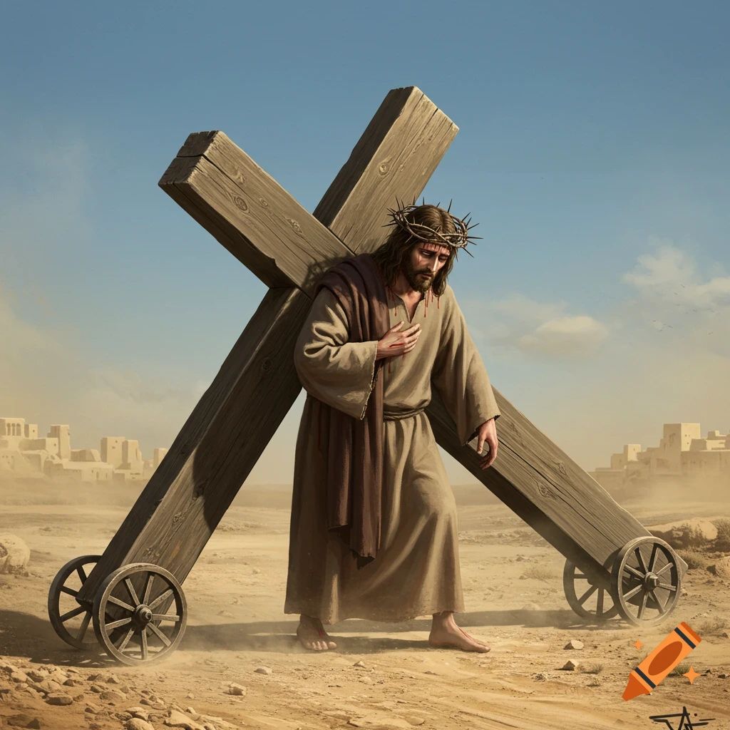 Jesus Christ, with a crown of thorns and blood on his chest, carries a wheeled wooden cross through a dusty desert landscape.