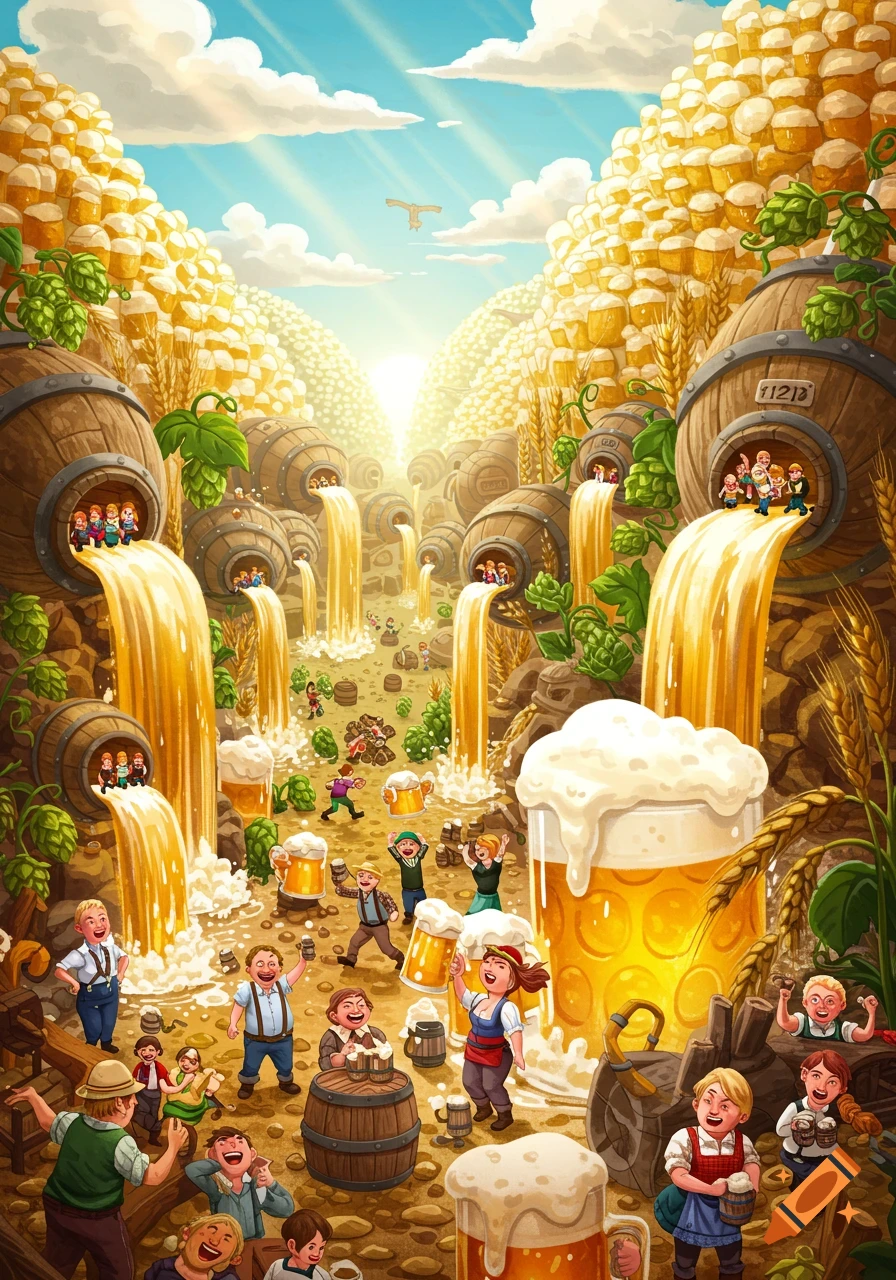 A whimsical illustration of a fantasy beer landscape with people celebrating. Hills of beer mugs, barrels pouring beer, and people drinking.