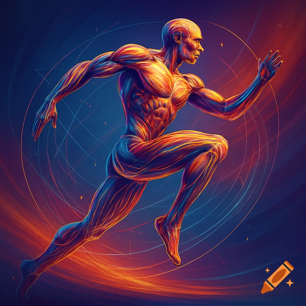 Vibrant, glowing anatomical human body in a running pose, surrounded by abstract digital lines on a dark blue background.