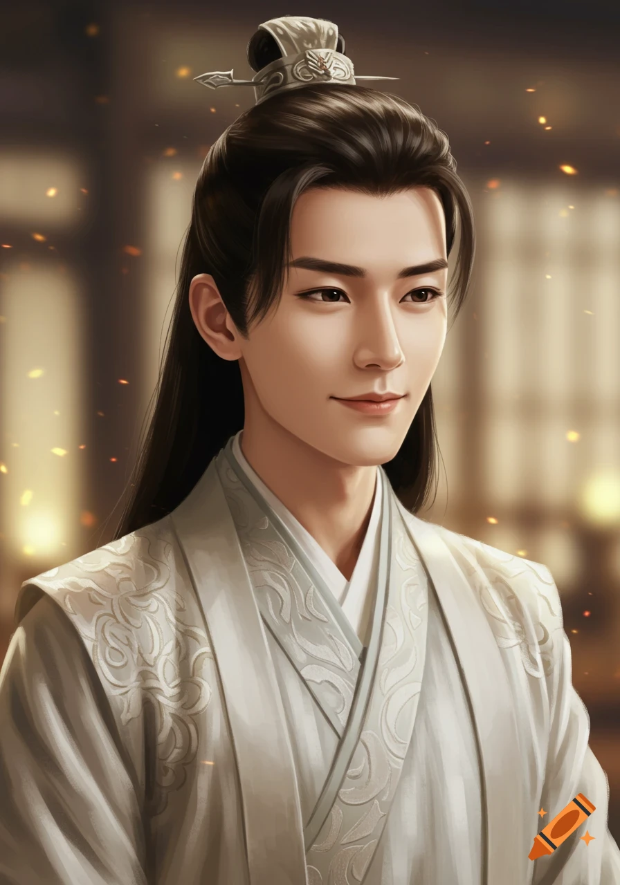 A handsome young Chinese man with long dark hair, wearing a white traditional costume, smiles softly in a digital painting.