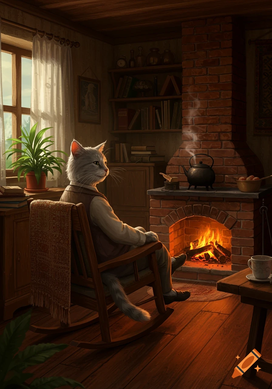 An old humanoid cat sits in a rocking chair by a warm fireplace in a cozy, detailed living room, looking towards a sunlit window.