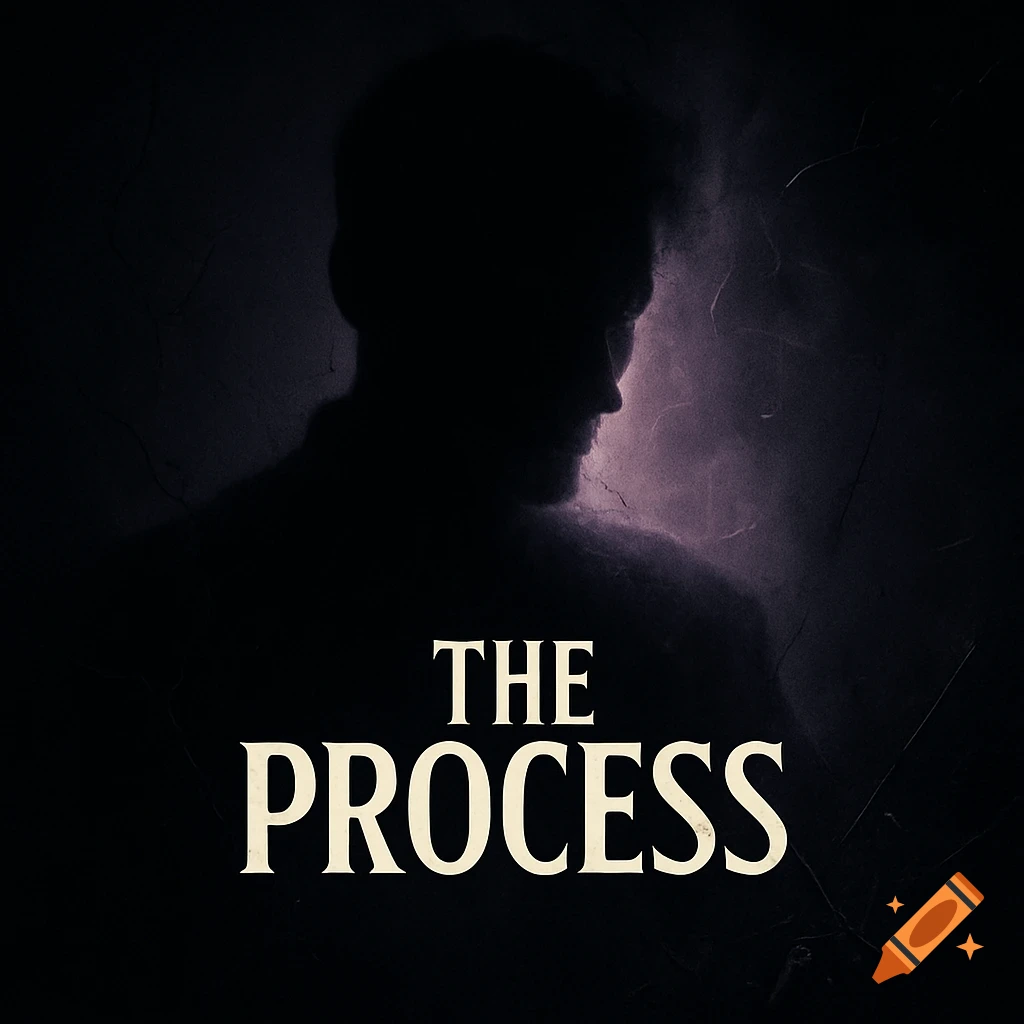 Dark, moody silhouette of a man emerging from shadow with 'THE PROCESS' text. Abstract, gritty style.