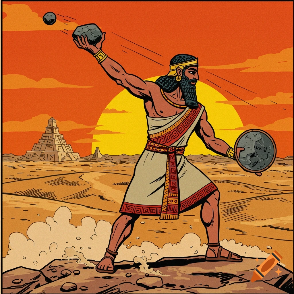 A Sumerian Mesopotamian man in retro comic art style throws a stone in a desert landscape with a ziggurat and large sun.
