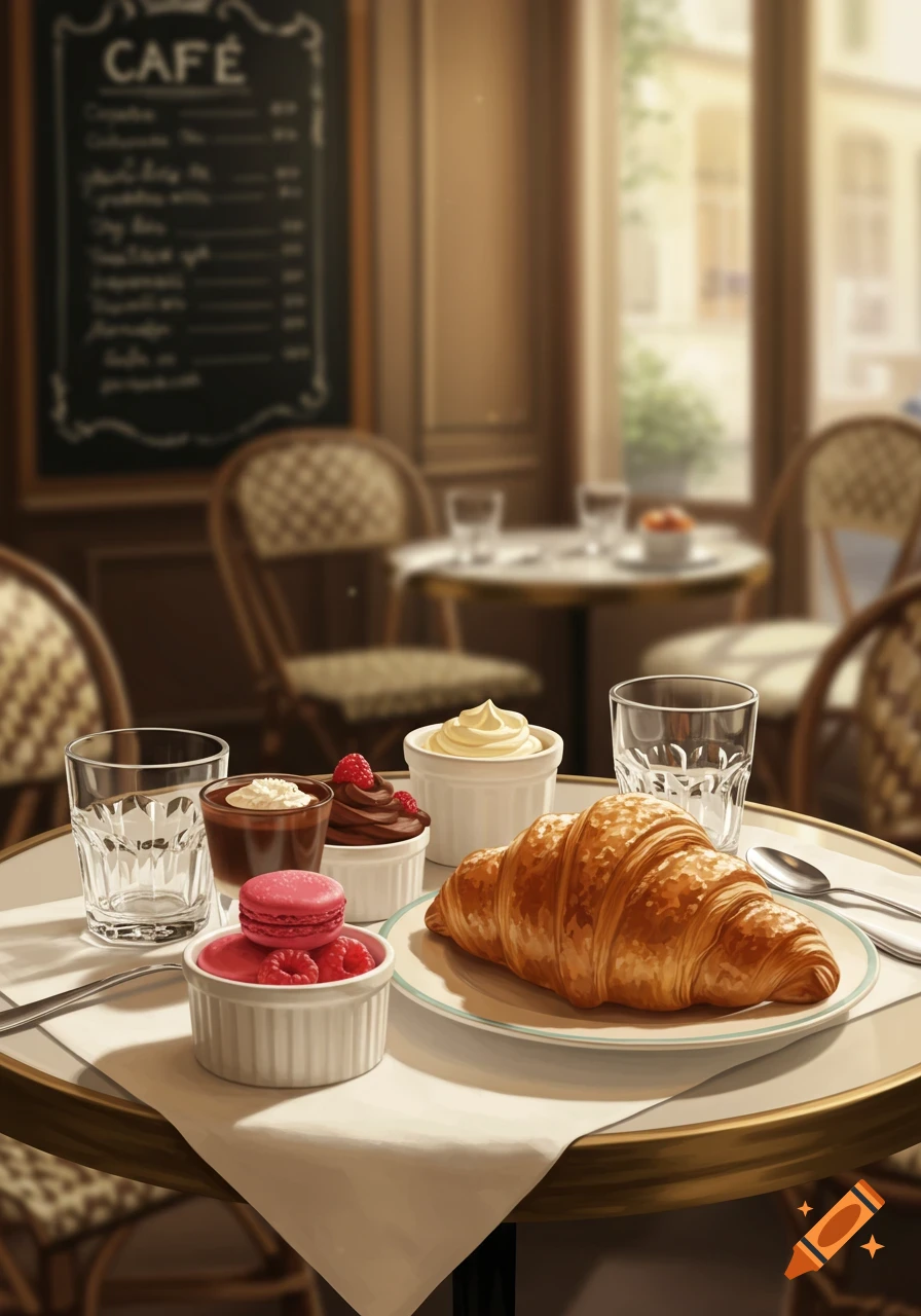 A close-up of a golden croissant, pink macarons, and chocolate desserts on a table in a French cafe, with blurry background.