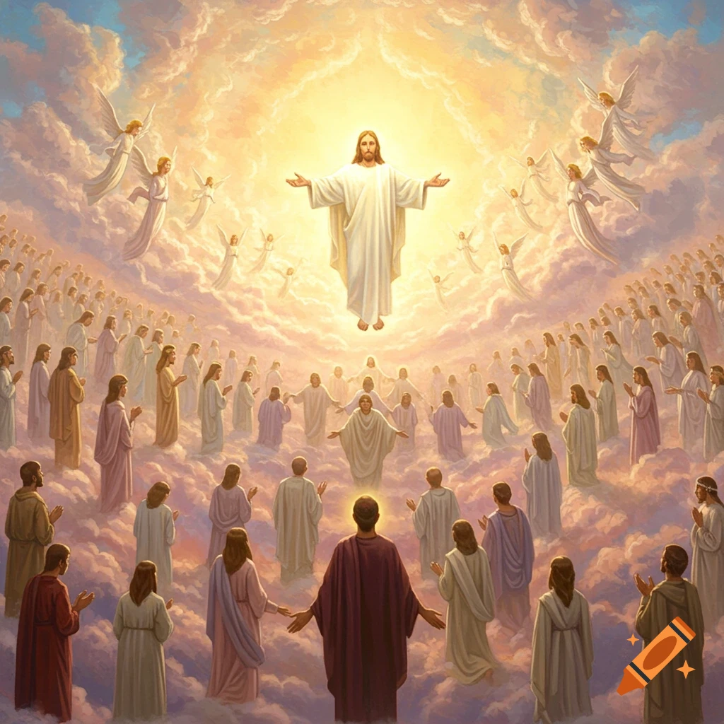 Jesus floats in a bright sky surrounded by angels and a multitude of people looking up in an ethereal digital painting.