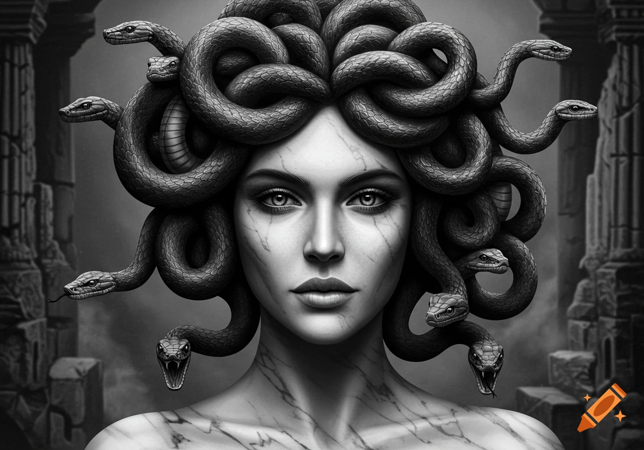 Grayscale realistic illustration of Medusa, a woman with snakes for hair, looking directly forward, with marble-like skin.