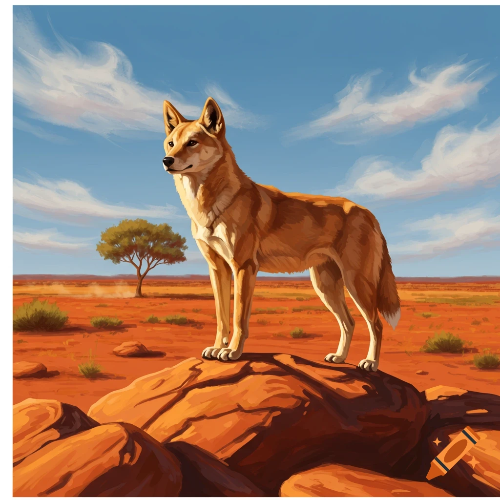 A dingo stands majestically on a rock in a vast red desert landscape under a blue sky with white clouds, in a painted art style.