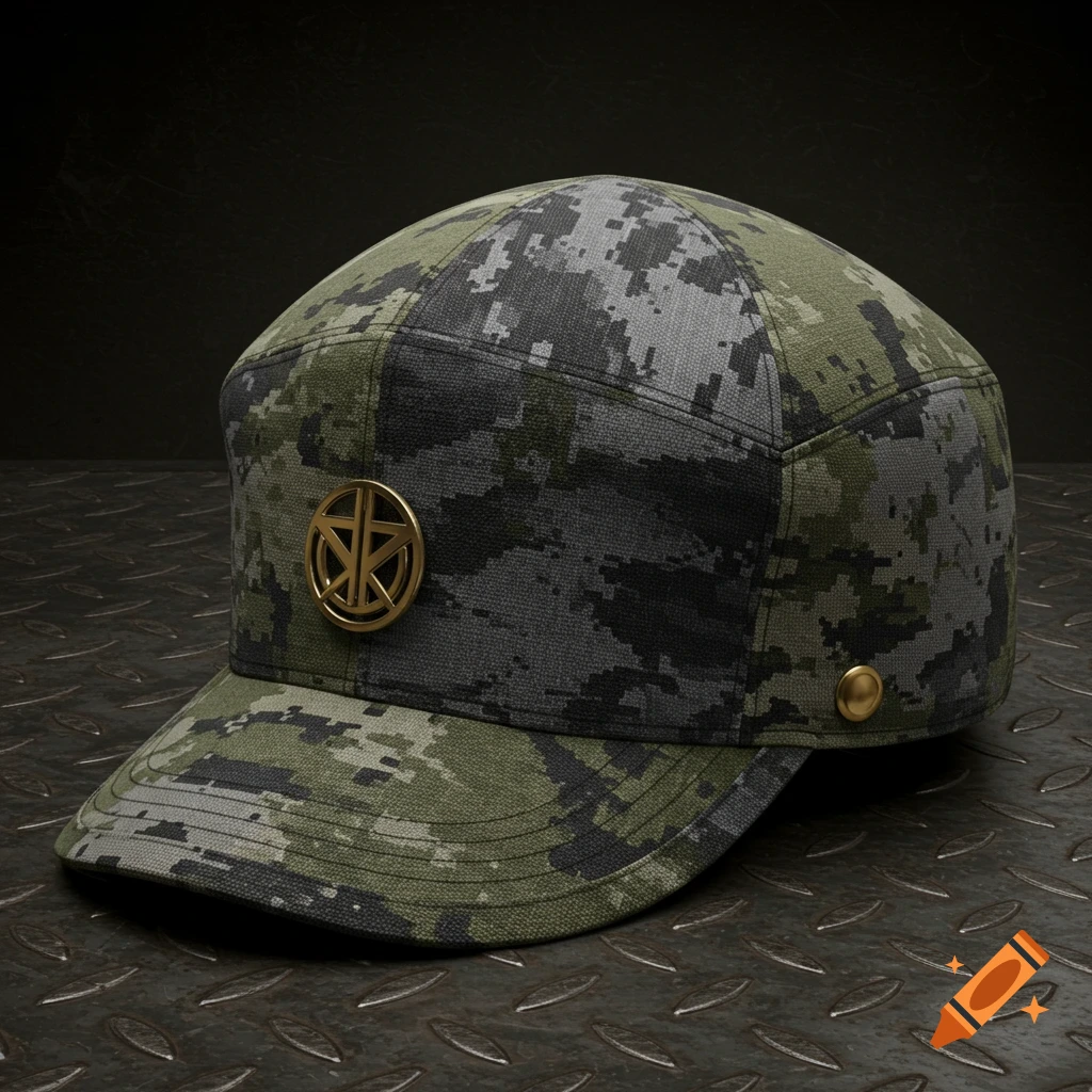 A close-up of a digital camouflage military-style cap with a golden emblem on the front, resting on a dark metal floor.