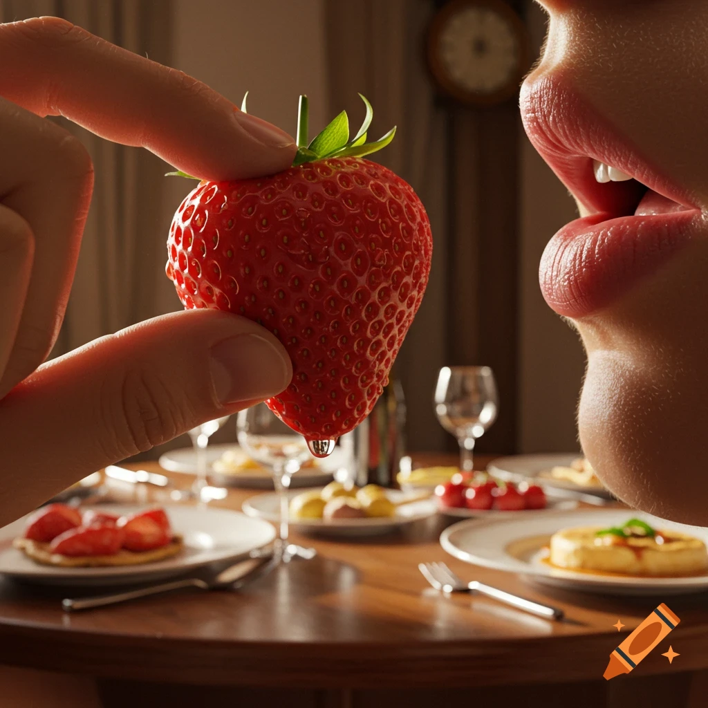 Photorealistic close-up of a hand holding a strawberry with a water droplet to an open mouth, a dinner table in the background.
