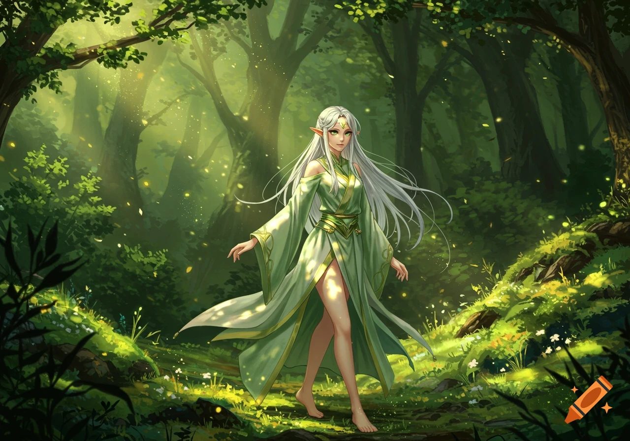 An anime elf with long white hair in a green dress walks barefoot through a lush, sun-dappled forest.