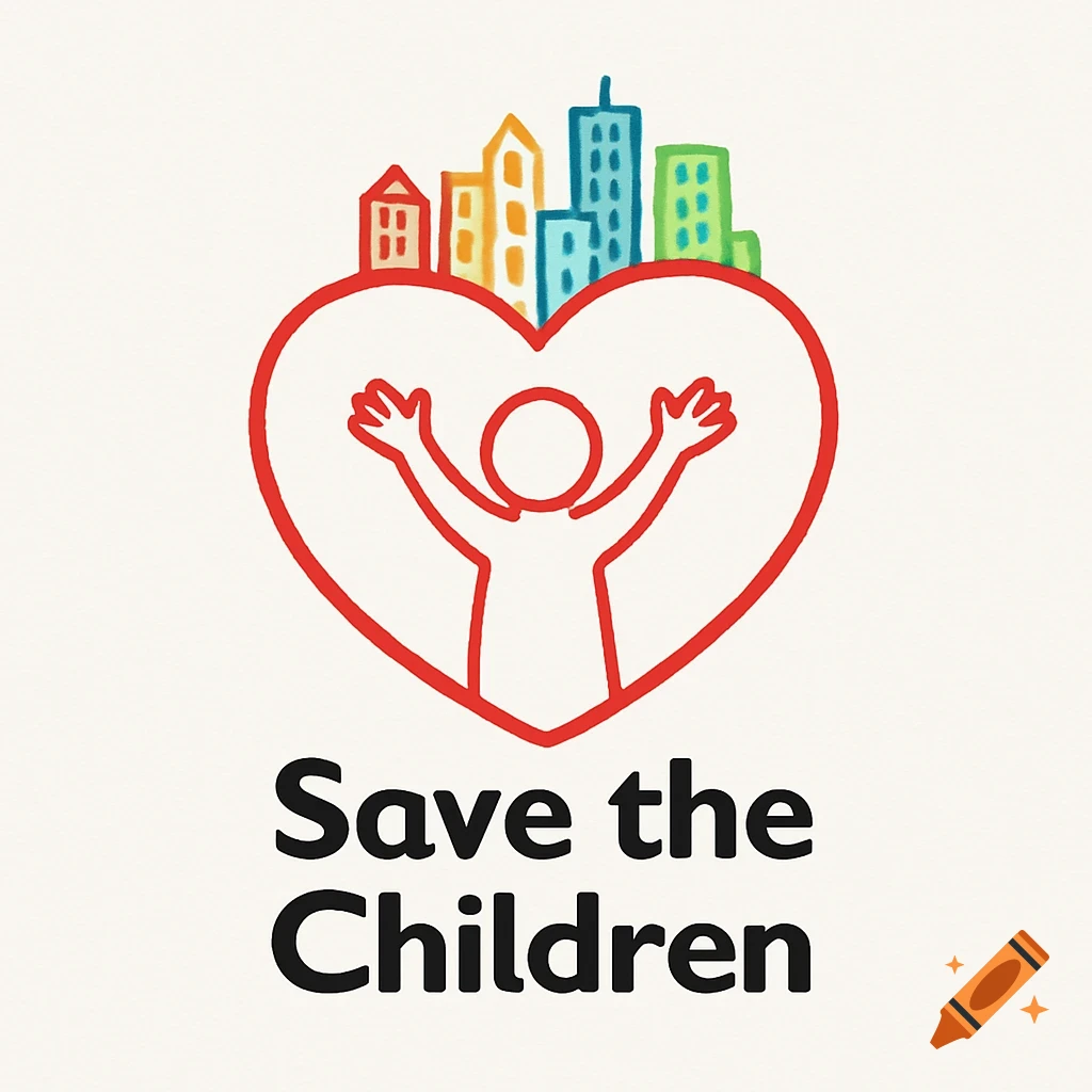 Save the Children logo with a red heart embracing a person, topped with a colorful city skyline.