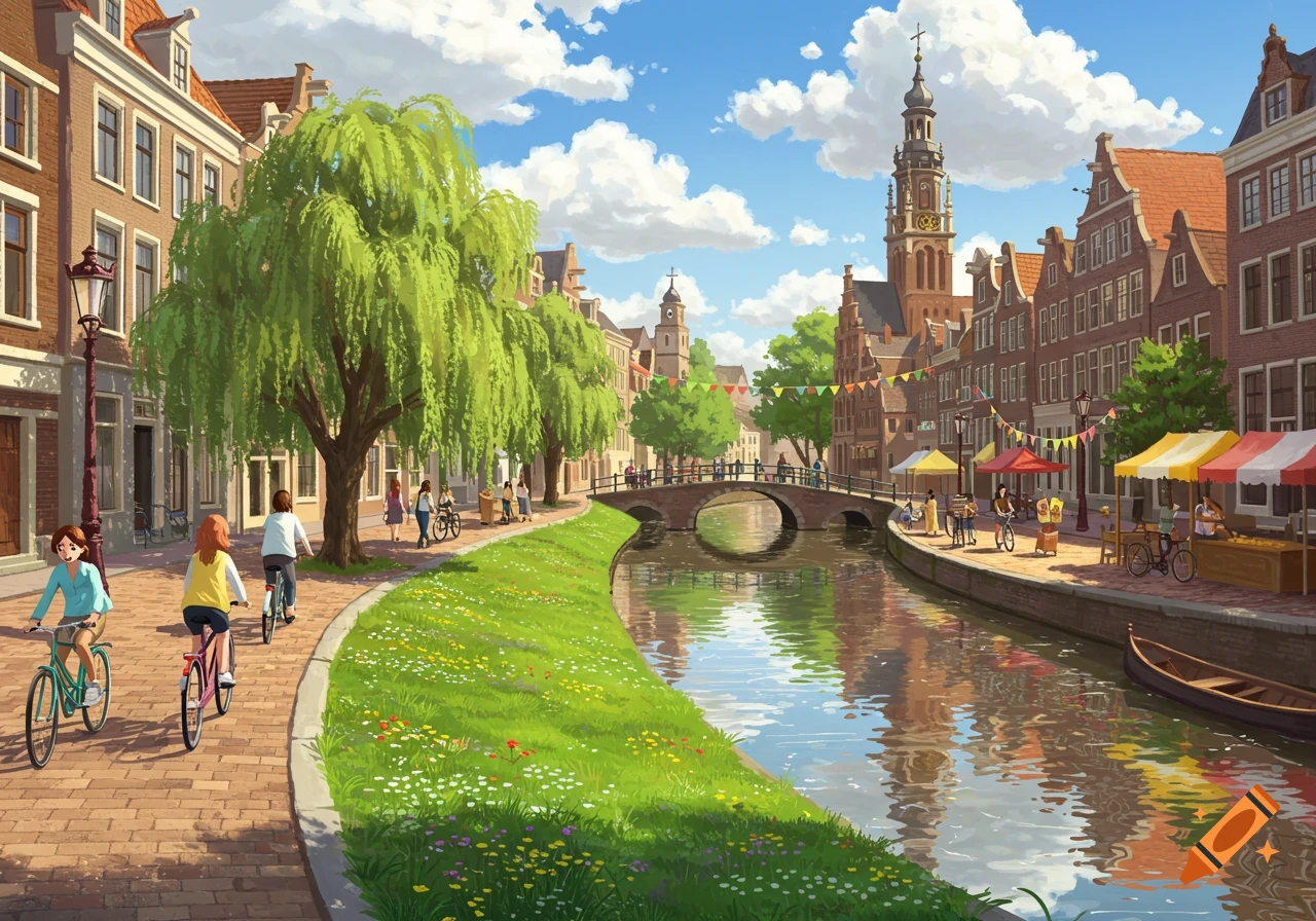 Vibrant illustration of a European canal city with cyclists, market stalls, historic buildings, and a clear blue sky.