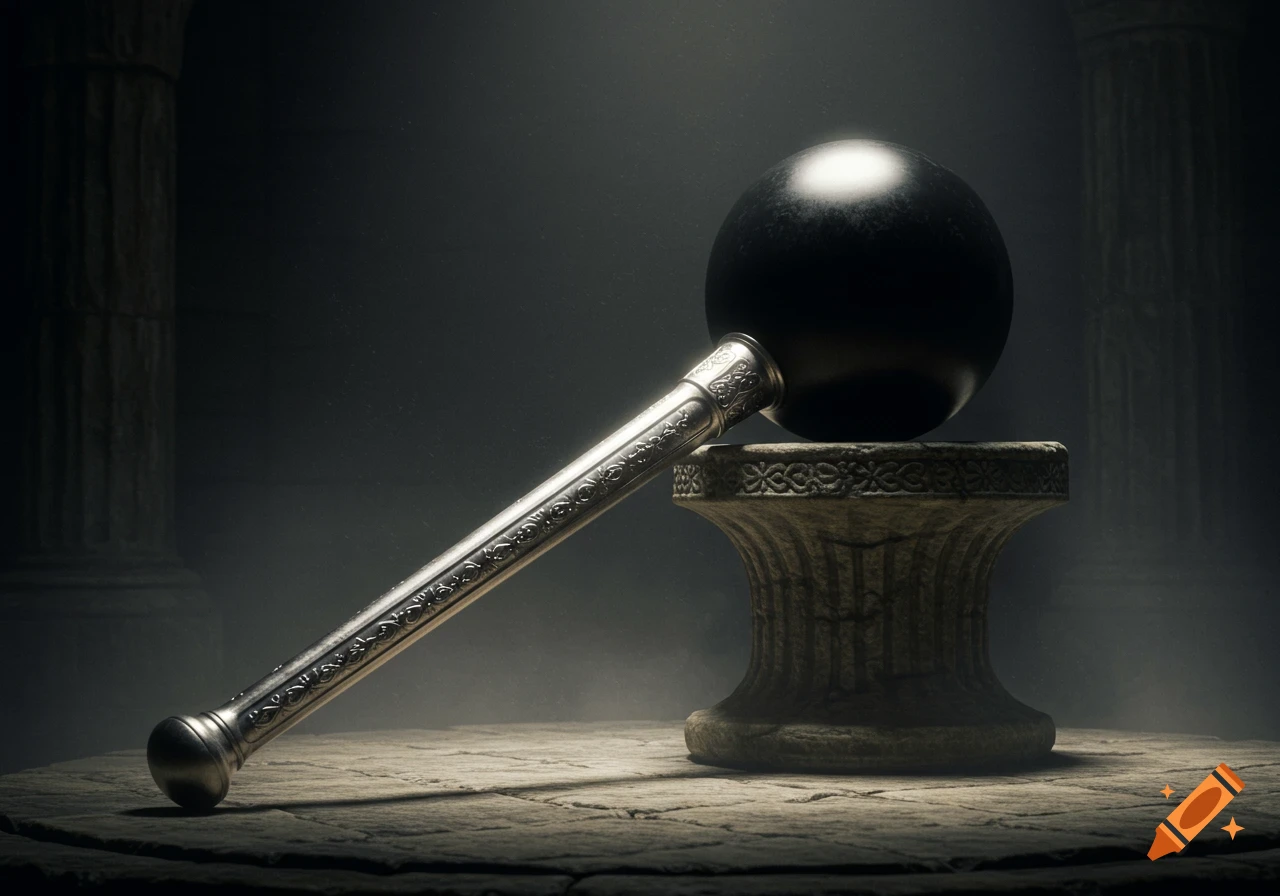 A massive maul with a burnished silver handle and a dark black spherical head, resting on a stone pedestal in a dimly lit setting.