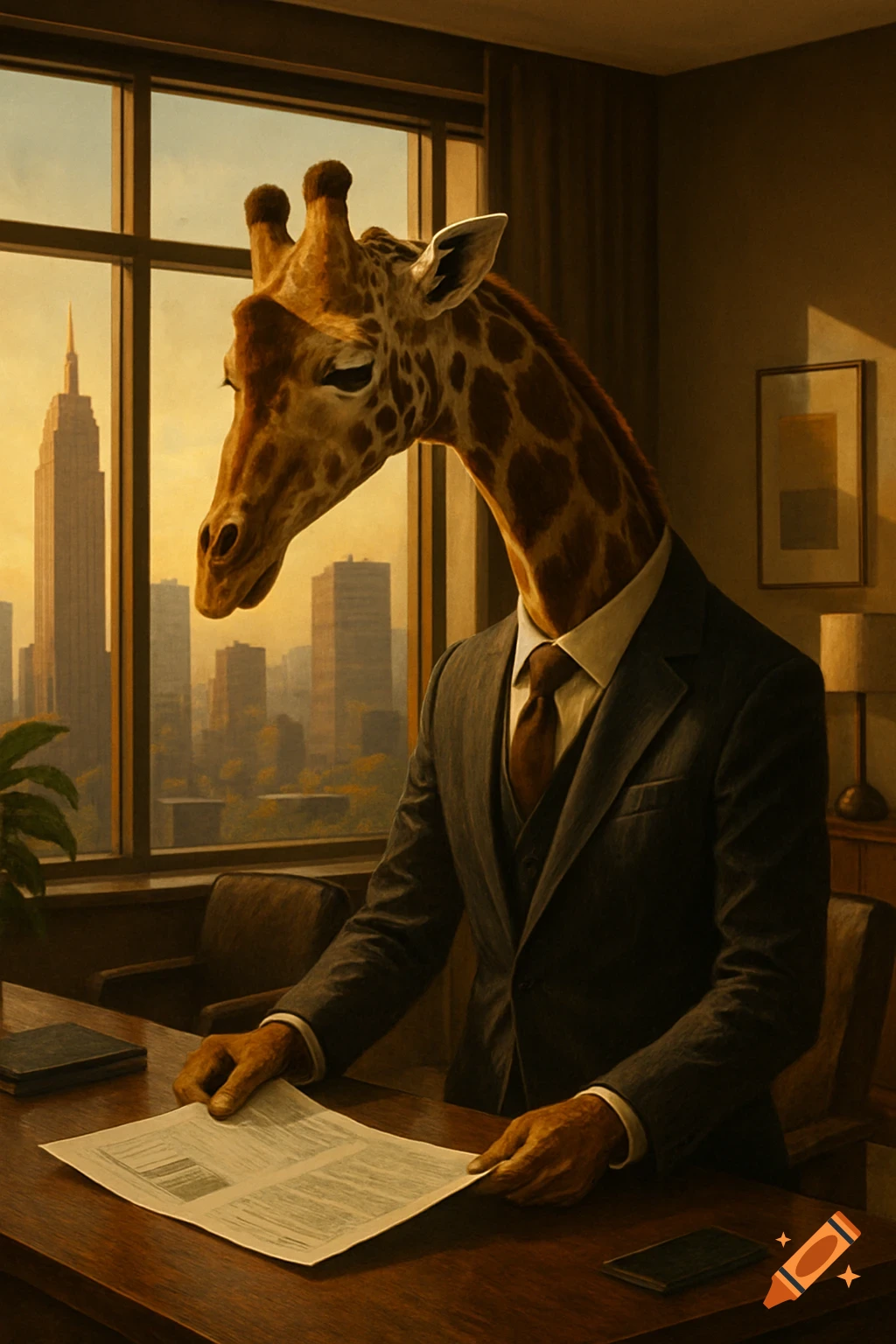 A photorealistic giraffe in a business suit sits at an office desk, reading a report, with a city skyline at sunset visible through the window.