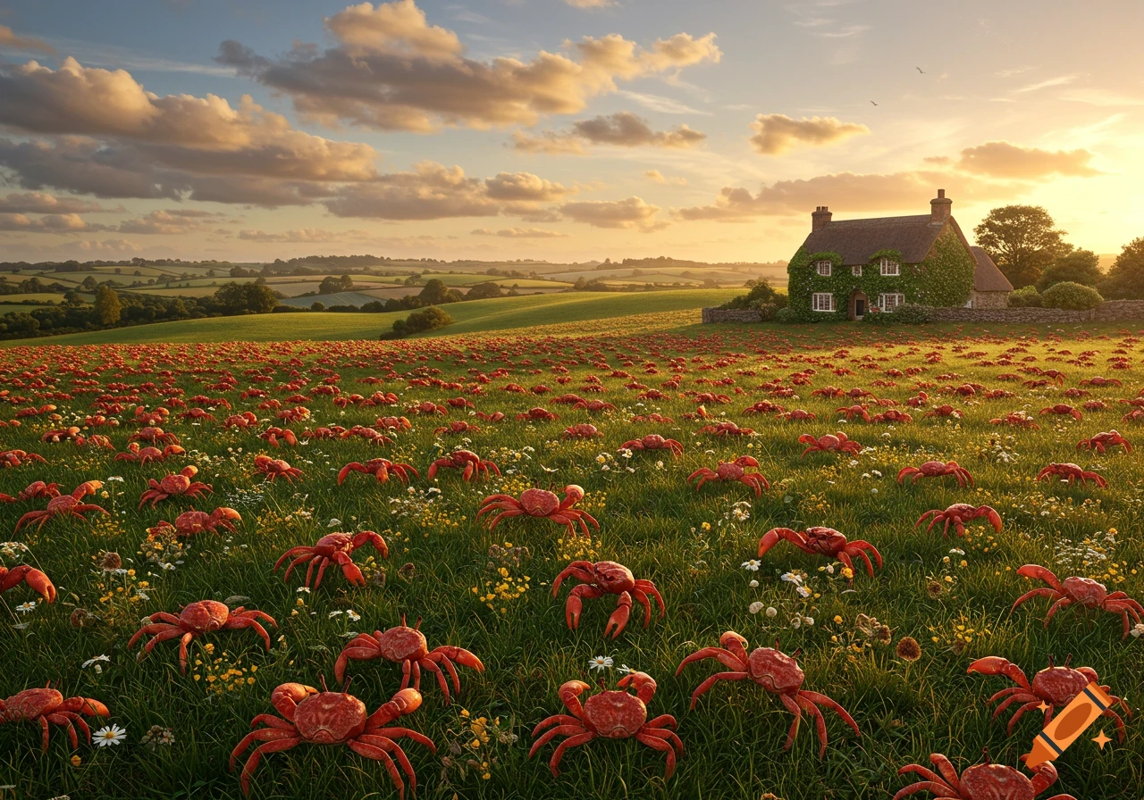 A photorealistic scene of a vast field filled with red crabs, with a quaint cottage in the background under a dramatic sunset sky.