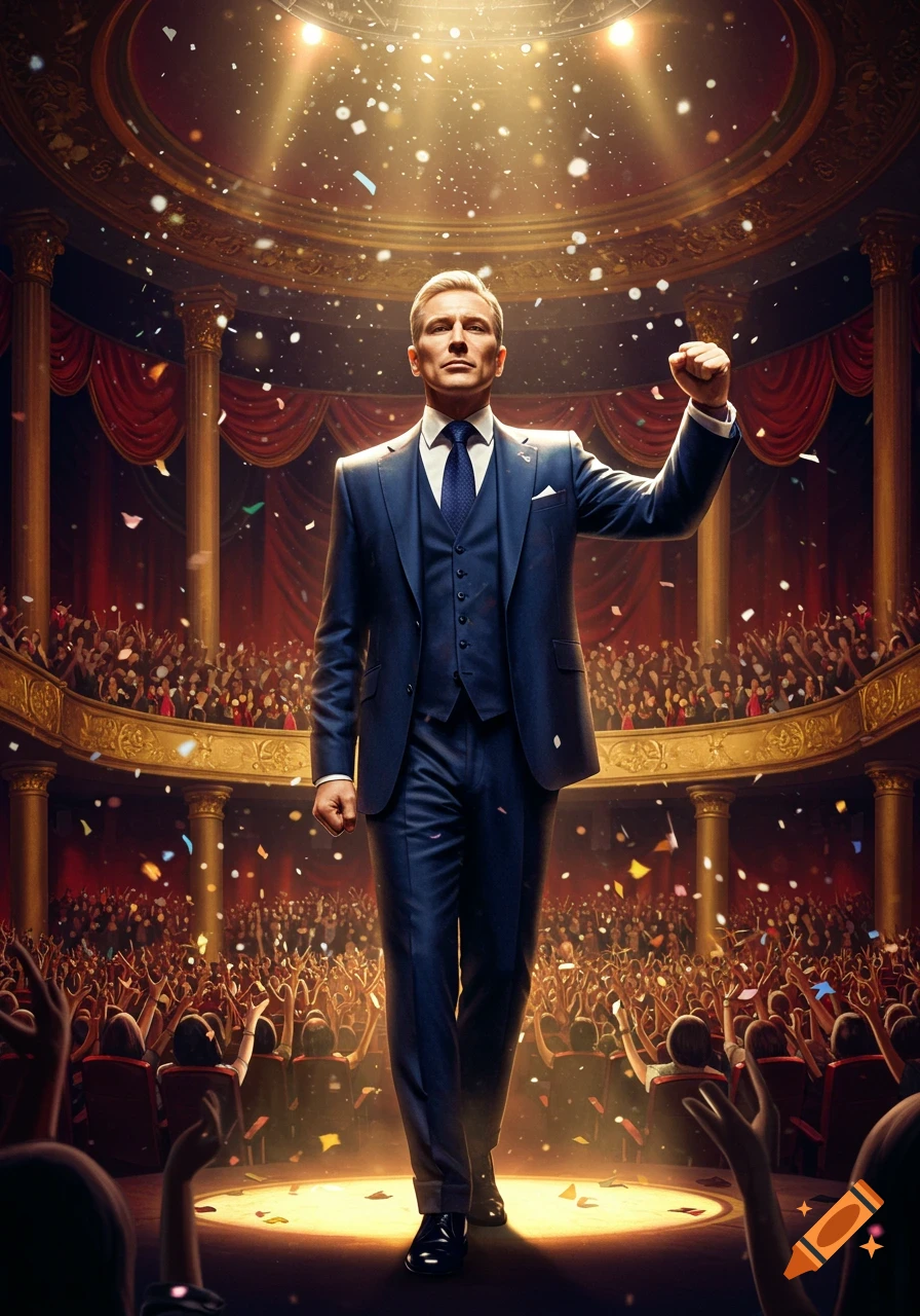 A man in a blue suit raises his fist on a spotlighted stage in a grand theater, with confetti falling over a cheering audience.