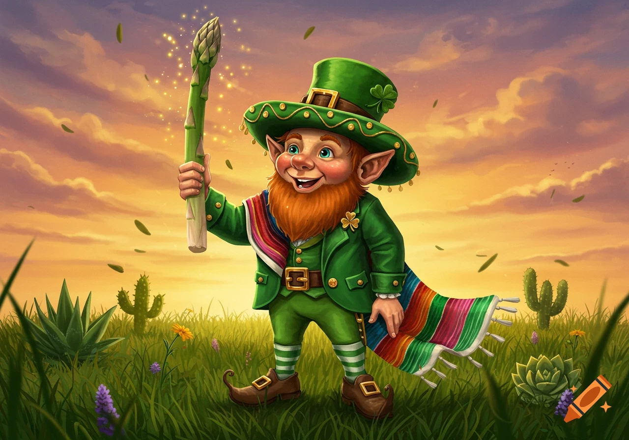 A smiling leprechaun with a red beard and sombrero holds a sparkling asparagus spear in a field at sunset.