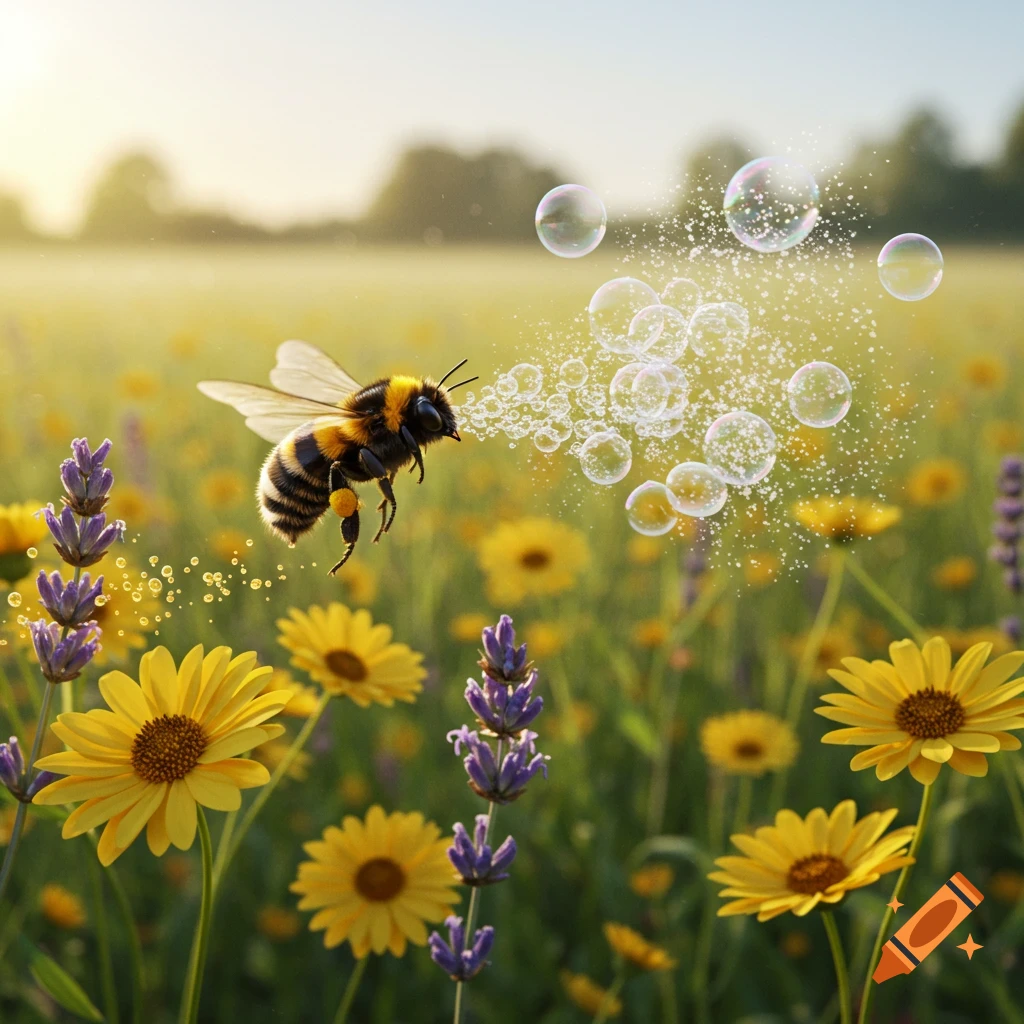 A bee with yellow and black stripes flies over a sunlit field of yellow and purple flowers, blowing white and iridescent bubbles and sparkles from its mouth.