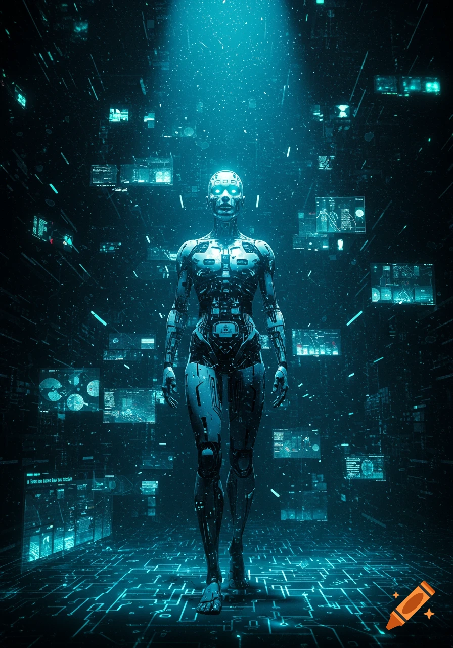 A humanoid robot stands in a dark, futuristic digital environment with glowing blue data streams and screens.