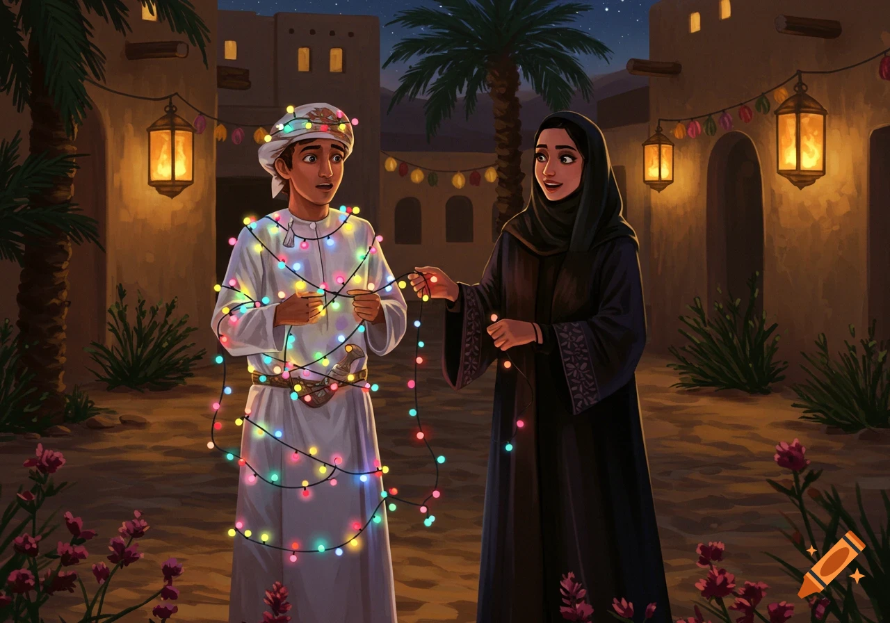 Illustrated Omani man tangled in colorful festive lights with a woman in a traditional village street at night.