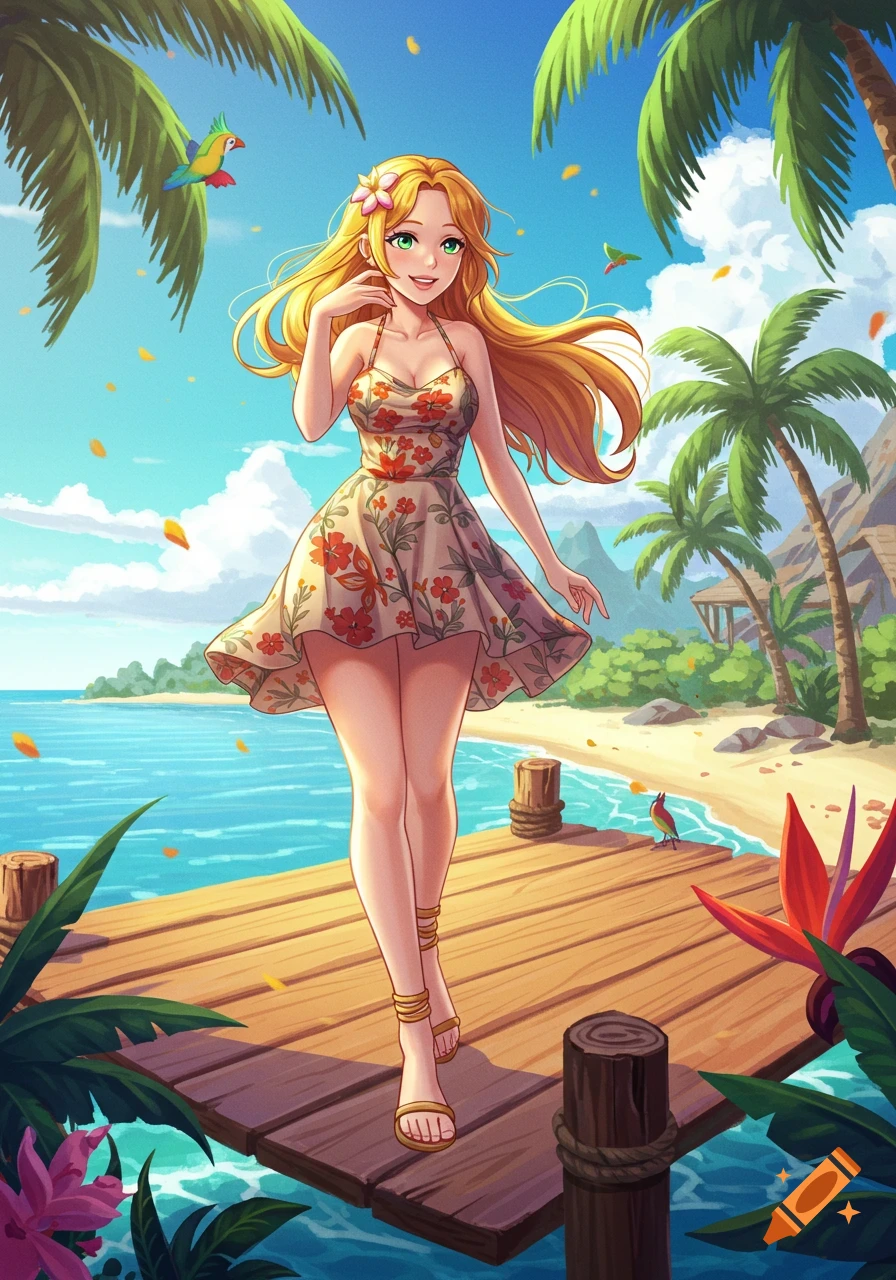 A happy anime girl with long blonde hair and a floral dress walks on a wooden dock by a tropical beach with palm trees and blue ocean.