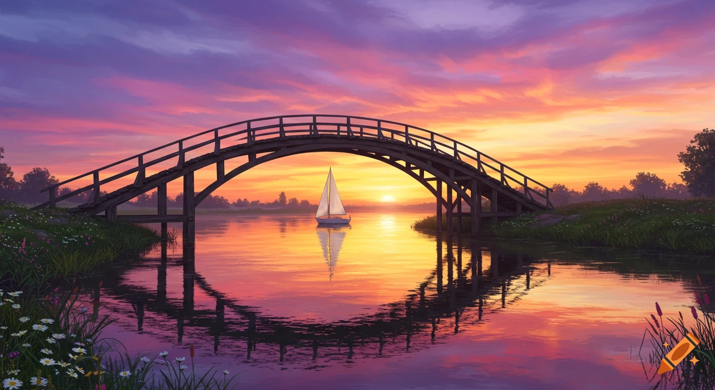 A wooden arch bridge spans a calm river with a sailboat, under a vibrant purple and orange sunset sky.