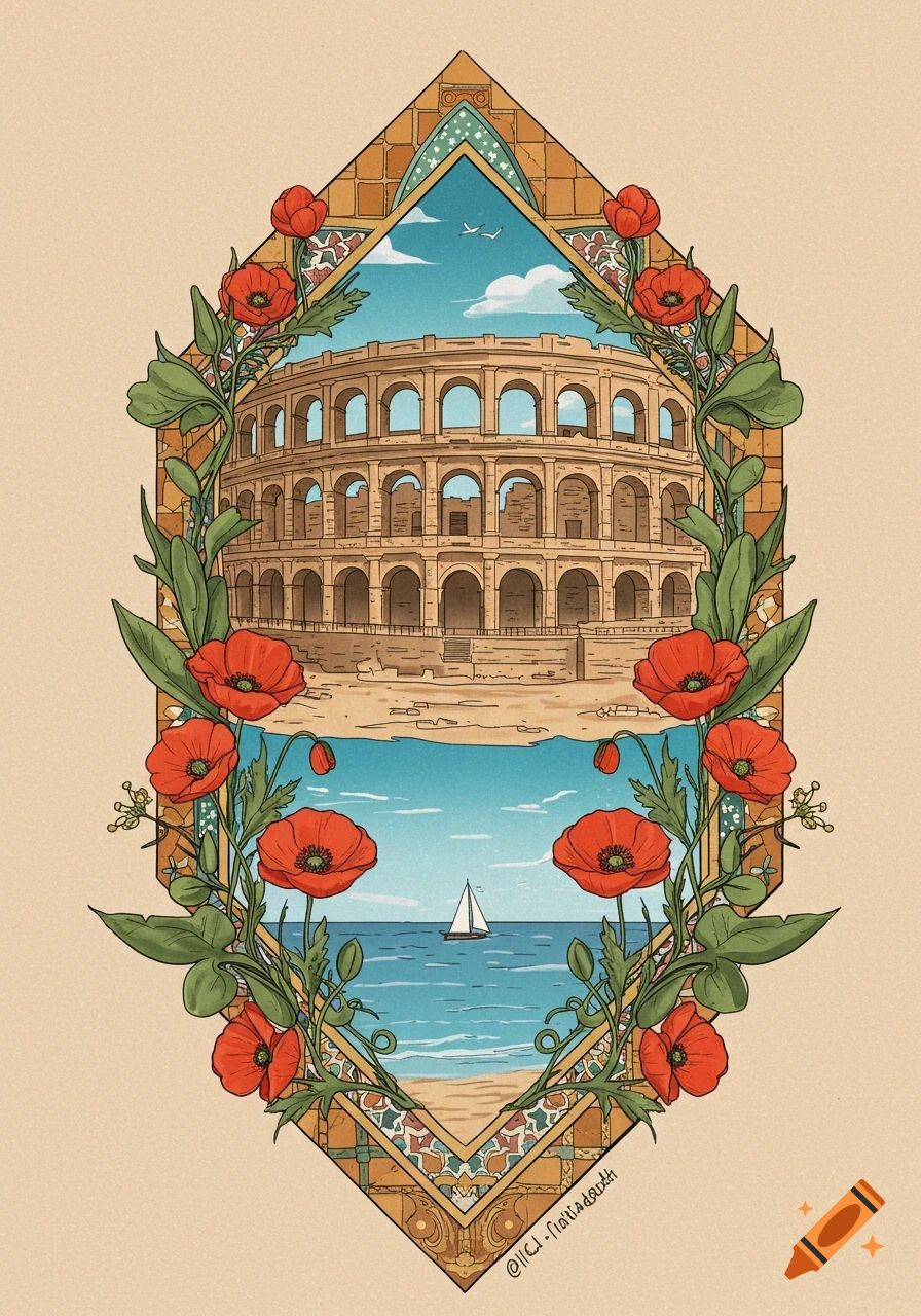 An illustration in an ornamental frame depicting a Roman amphitheater above a beach and sea with poppies.