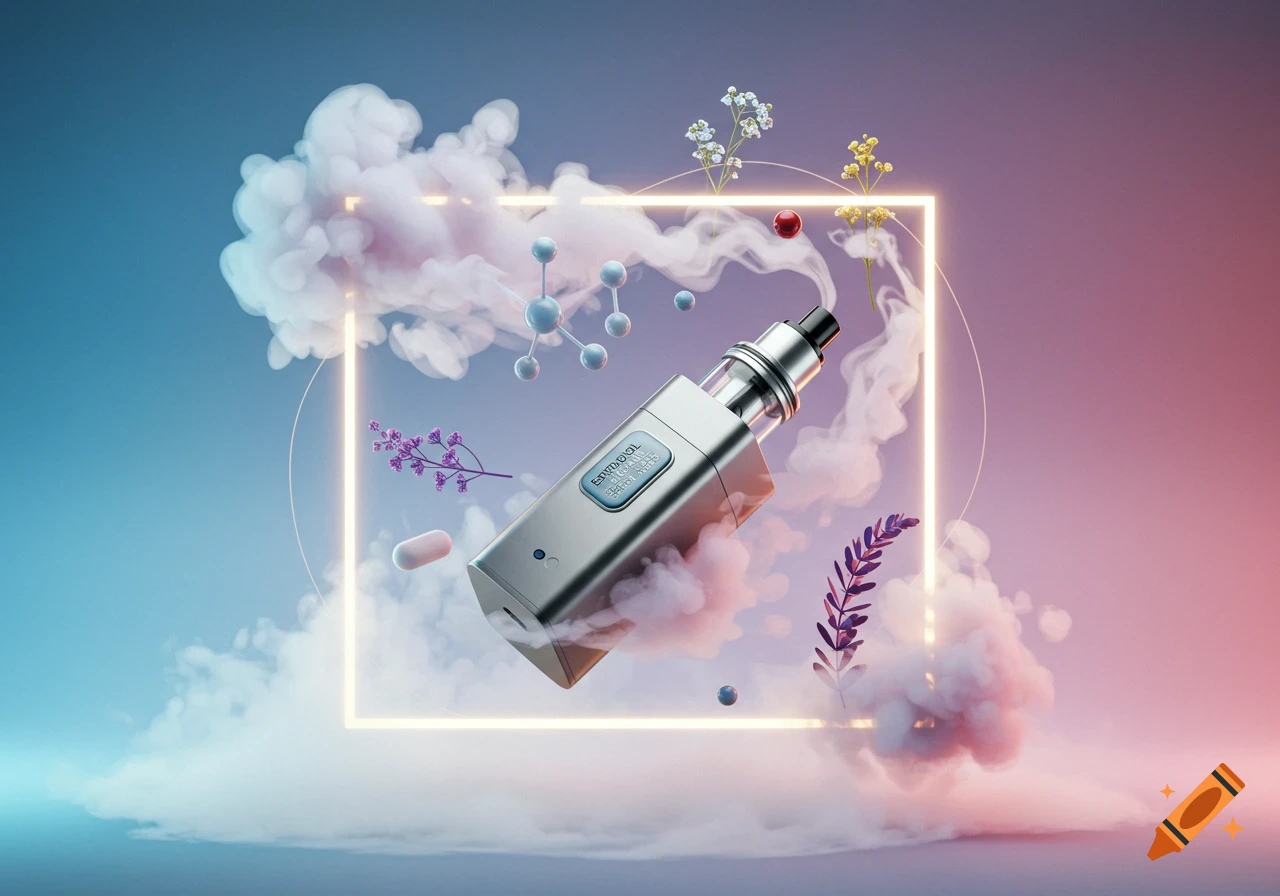 A metallic vaporizer with 'ESTRADIOL VALERATE' on its screen, surrounded by pink clouds, molecules, and botanicals, within a neon frame against a blue and pink gradient.