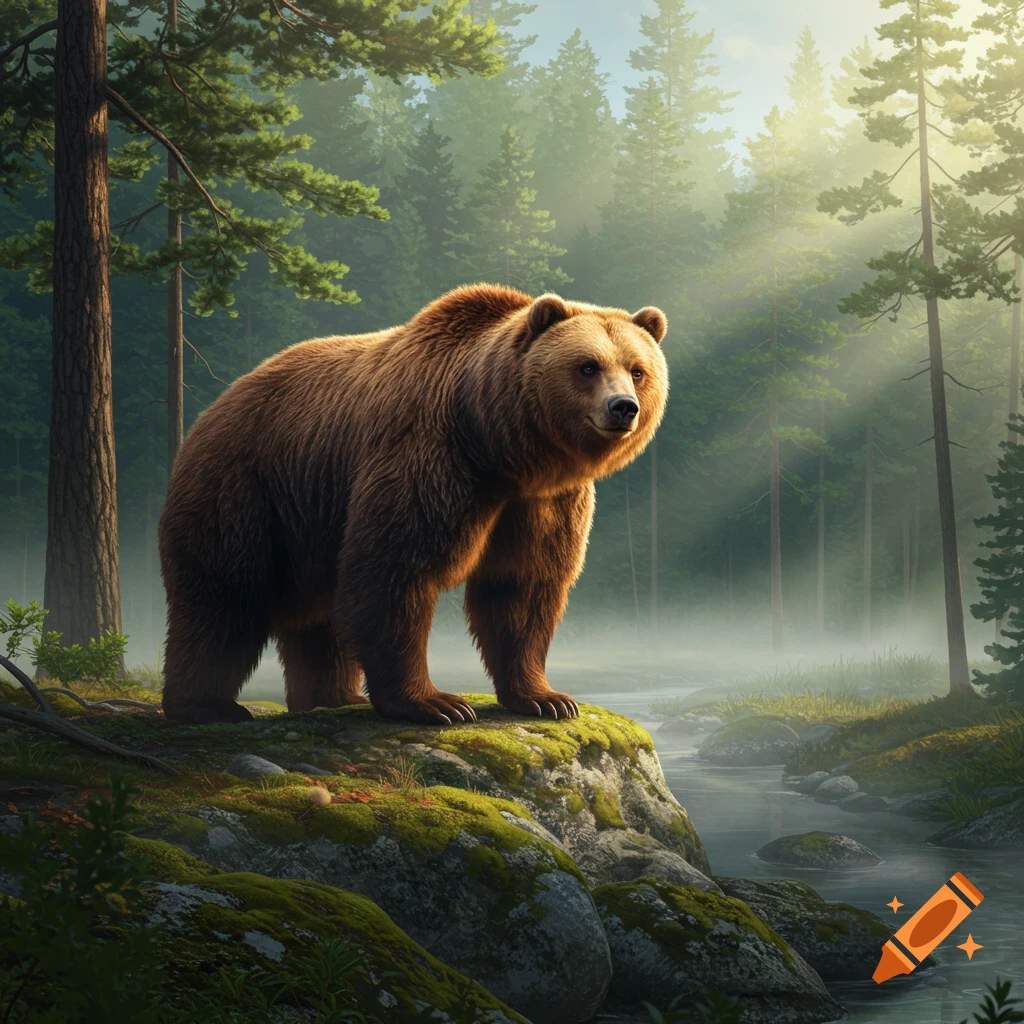 A photorealistic brown bear stands on a mossy rock by a misty river in a sunlit forest.