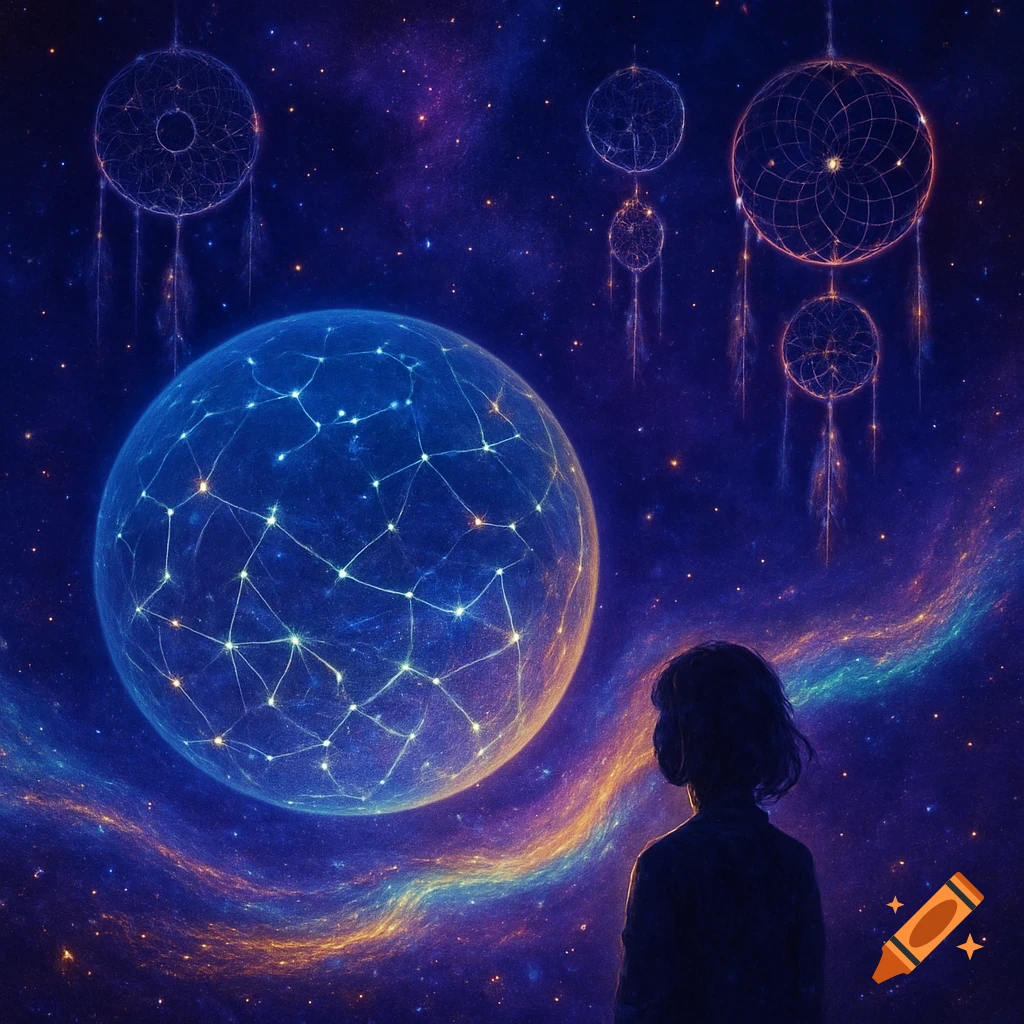 A silhouetted person gazes at a glowing networked blue orb in a cosmic galaxy with multiple dream catchers floating in the starry sky.