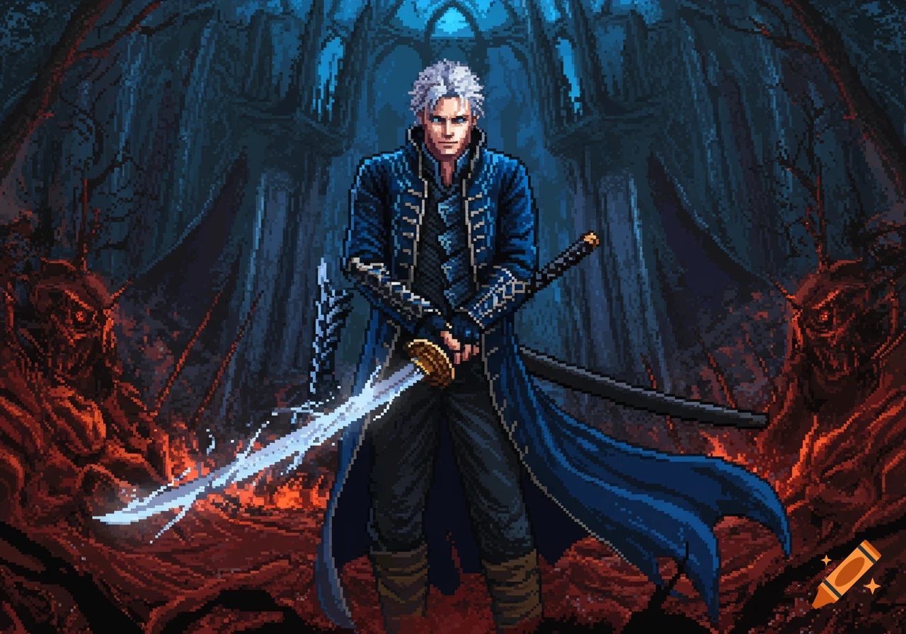 Vergil from Devil May Cry stands with a glowing sword in a dark, pixel art fantasy setting.
