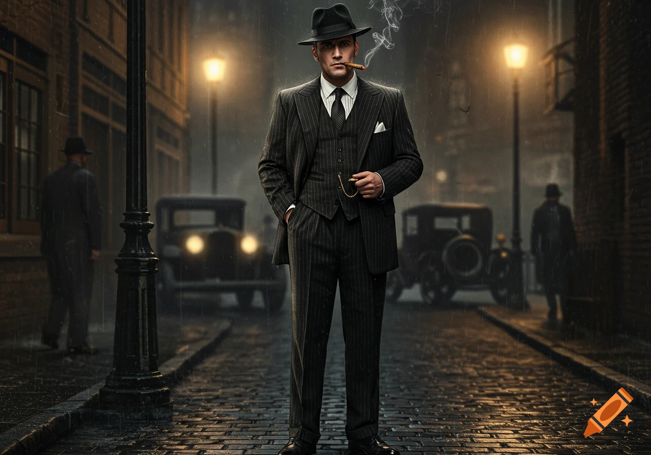 A man in a pinstripe suit and fedora smokes a cigar on a rainy, dimly lit cobblestone street with vintage cars and blurred figures.