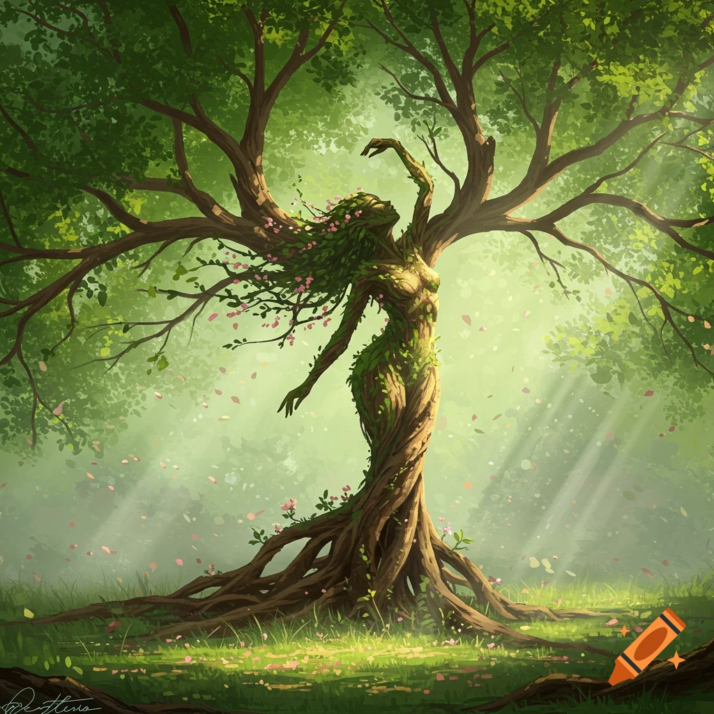 A stylized tree woman with green leaves and pink blossoms for hair, standing in a sun-dappled green forest.