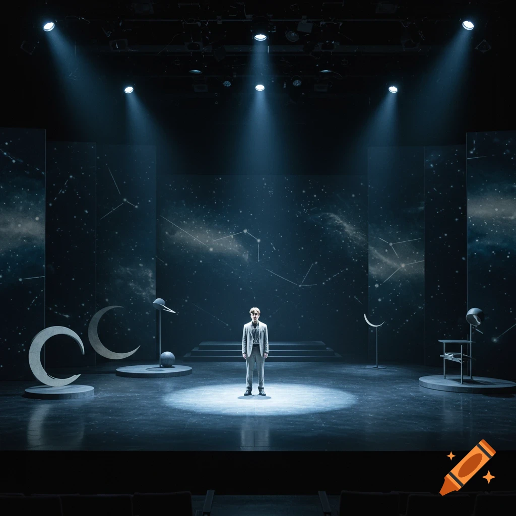A lone man stands in a dramatic spotlight on a minimalist stage with a starry space-themed backdrop and crescent moon props.