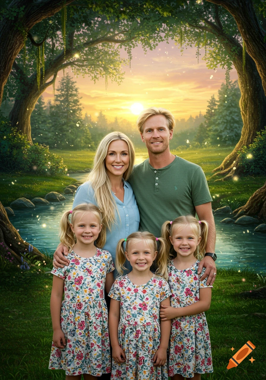 A smiling family of five, including parents and three young daughters with blonde pigtails, stand in a vibrant, mythical forest at sunset.