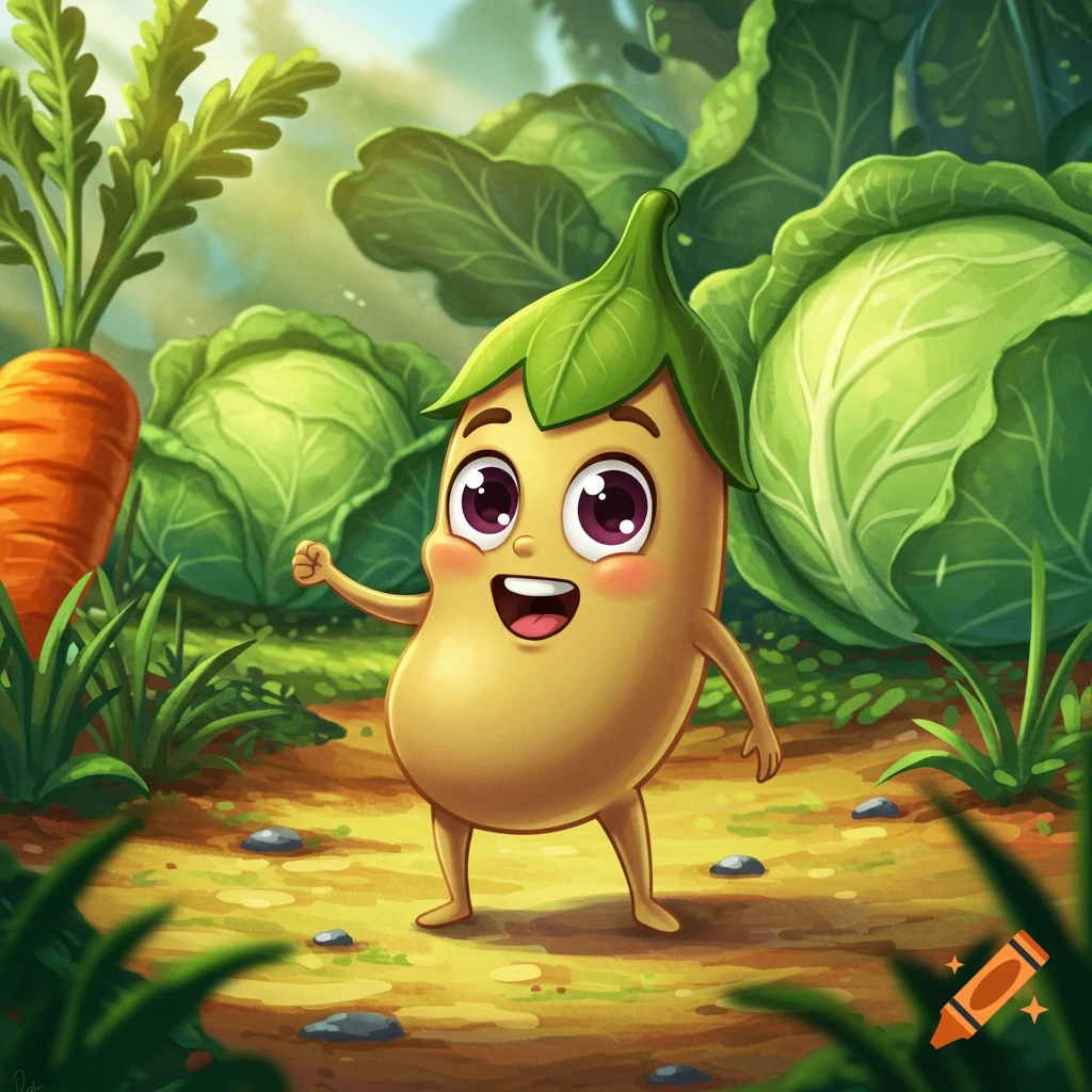 A cute, happy cartoon bean character with purple eyes and green leaf hair stands in a vibrant garden surrounded by carrots and cabbage.