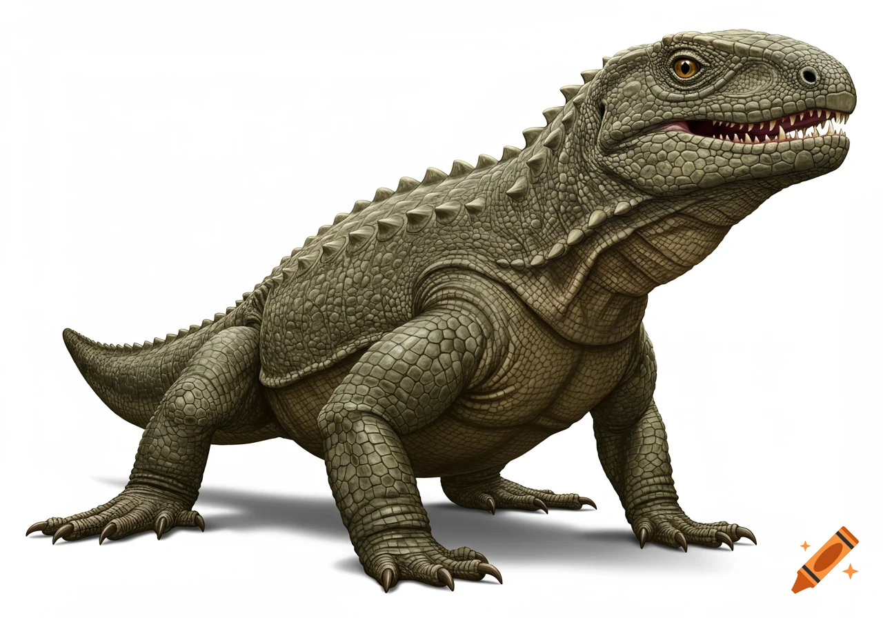 Photorealistic illustration of a Manaia, a large, scaly, green-grey tuatara-descendant predator with amber eyes, on a white background.