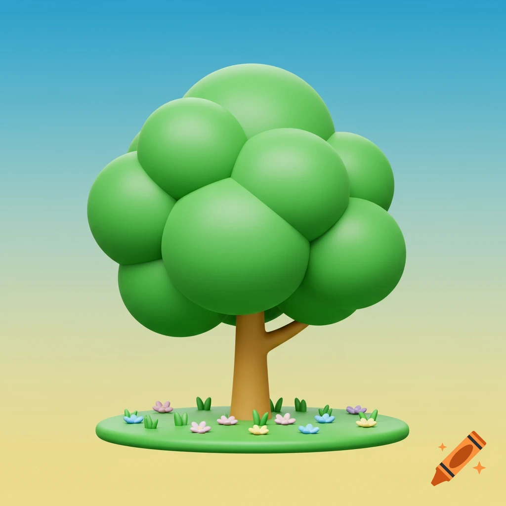 A stylized 3D rendered tree with a green, spherical canopy and brown trunk on a grassy patch with colorful flowers.