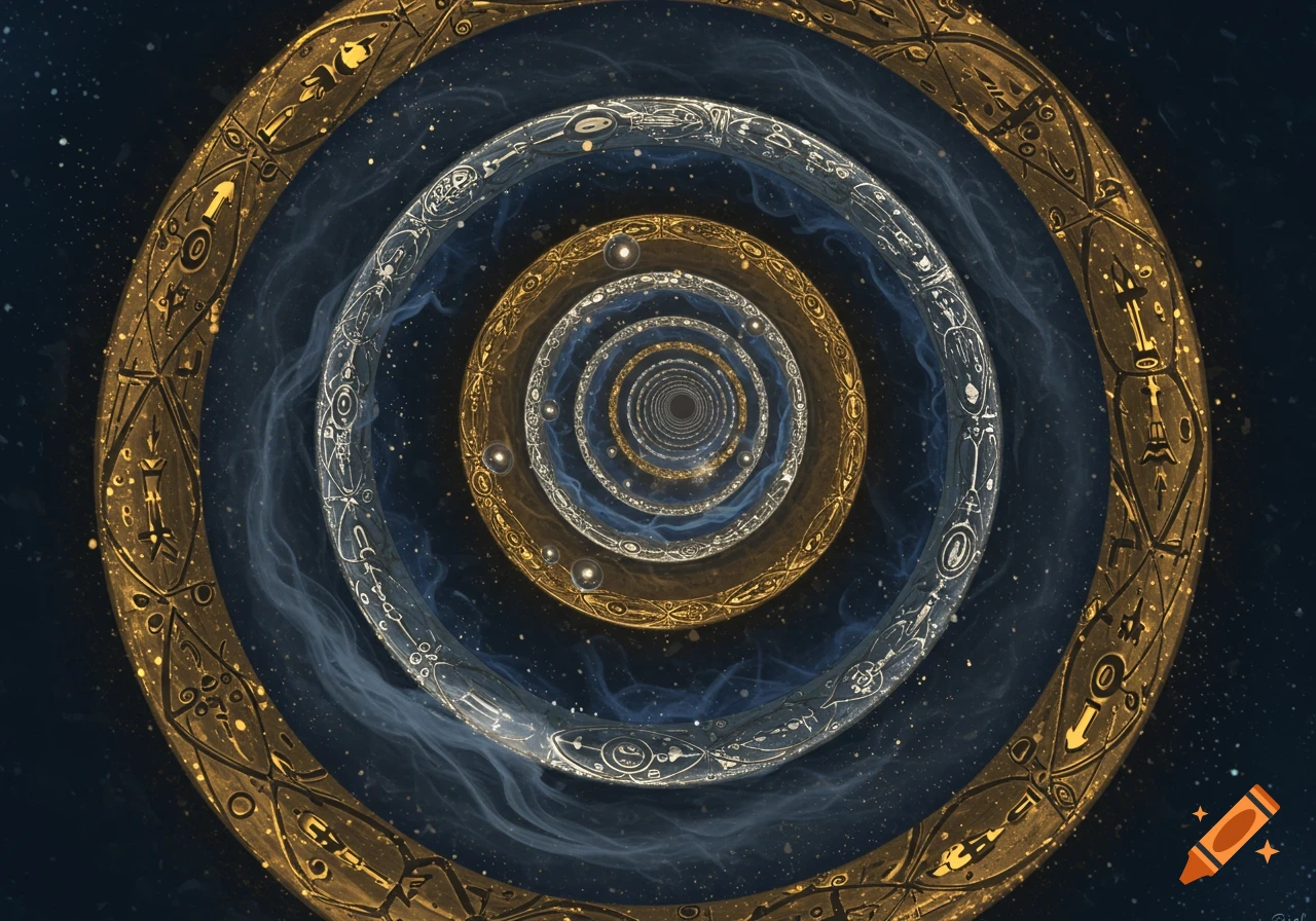 An abstract tunnel of ornate golden and silver concentric rings, decorated with ancient symbols, receding into a starry cosmic background with wisps of nebula.