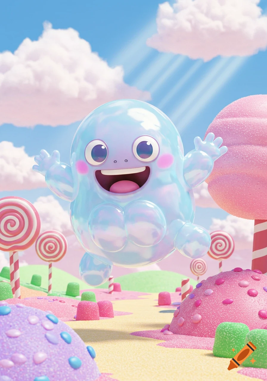 A shiny, happy, blue blob character floats in a whimsical candy land with lollipops and sugary hills, 3D animated style.