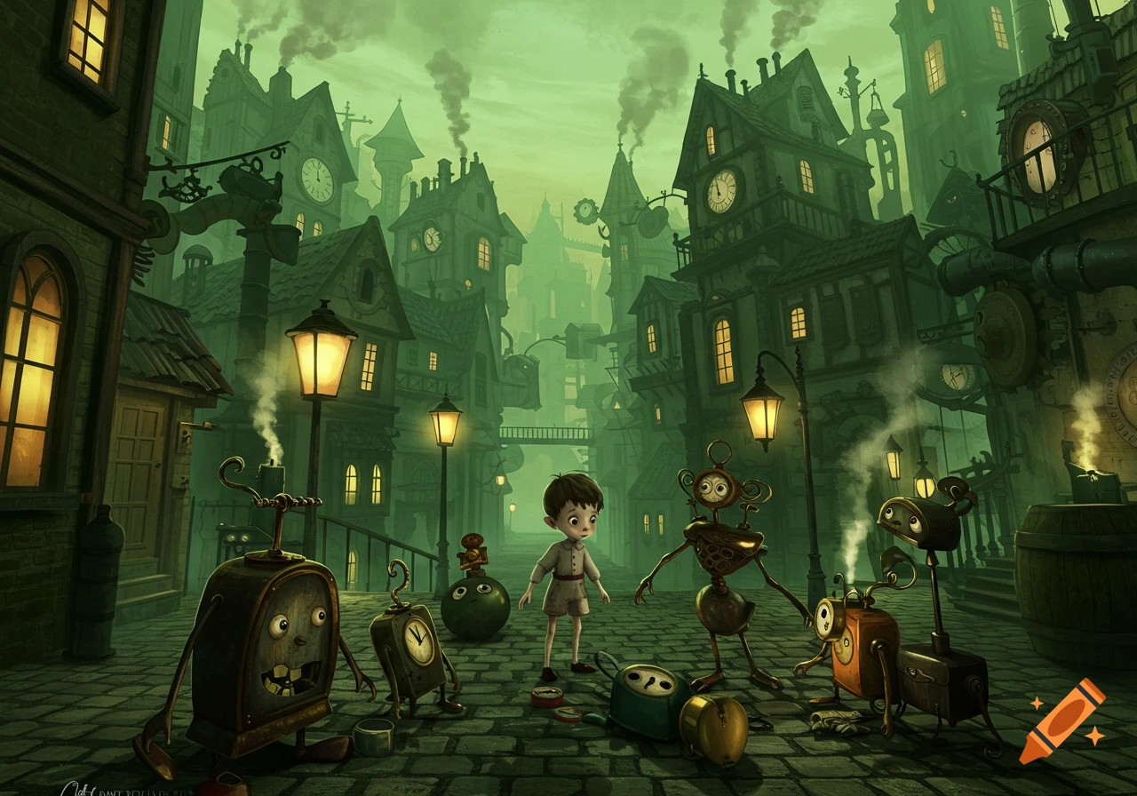 A boy stands among quirky clockwork creatures in a misty, dark green steampunk city with tall buildings and glowing streetlights, illustrated.