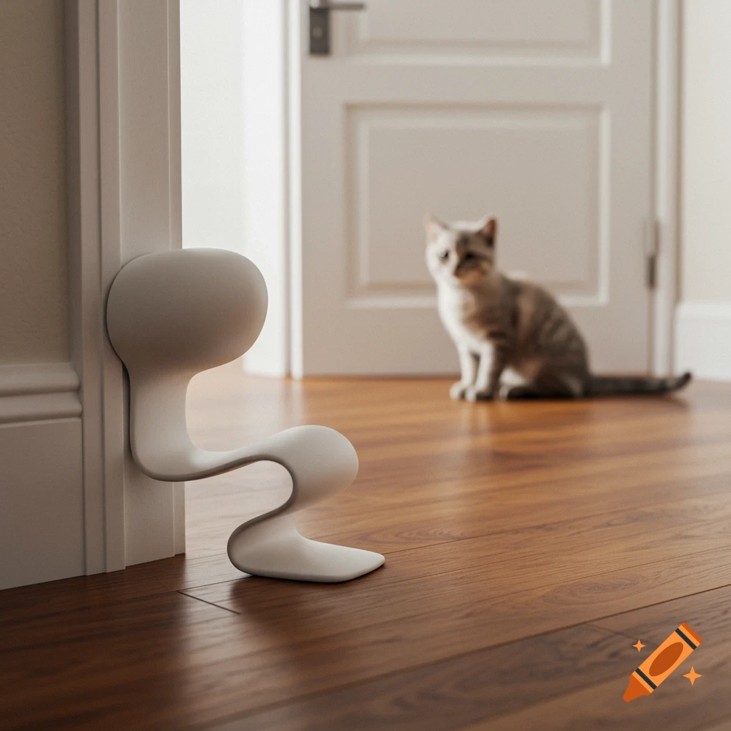 A white, wavy door stopper holds open a modern white door. A gray tabby cat sits in the blurred background on a wooden floor.