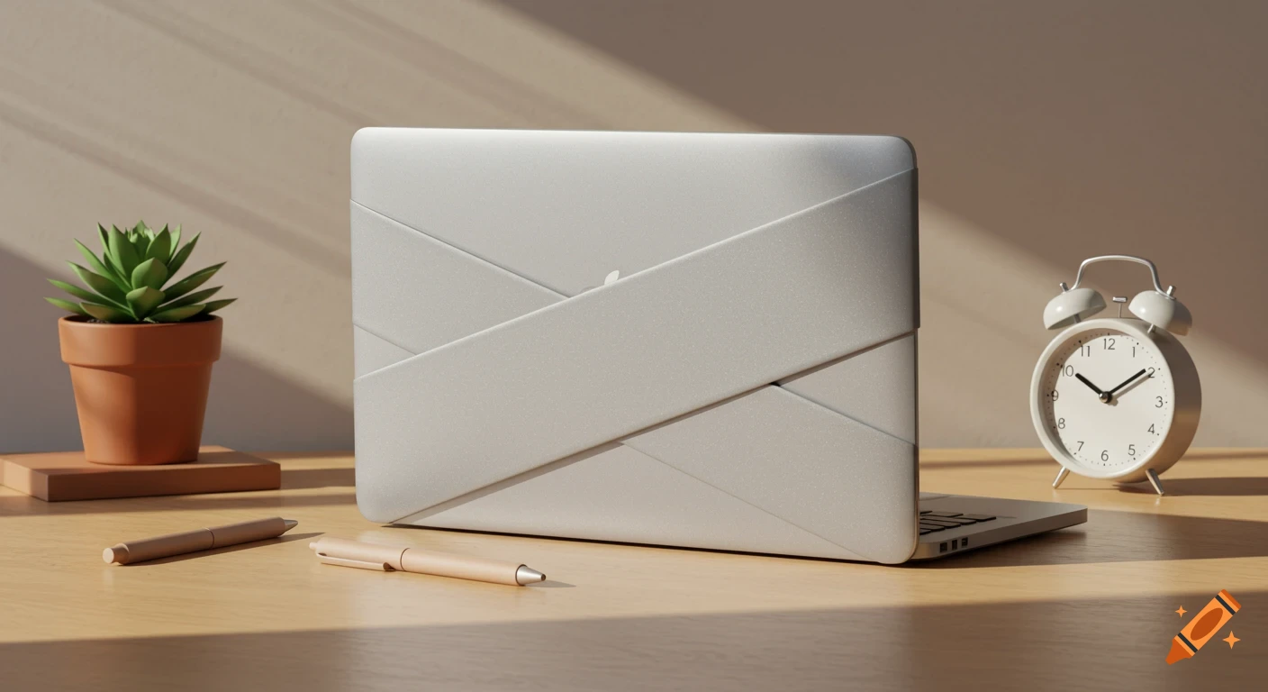 A minimalist desk setup with a closed silver laptop, a succulent plant, pens, and a white alarm clock on a wooden surface.