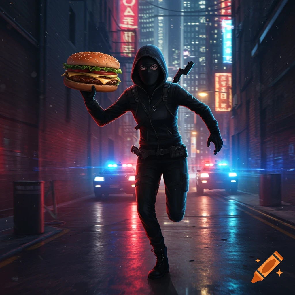 A masked thief runs through a neon-lit city alley at night, clutching a large hamburger, with police cars in pursuit.