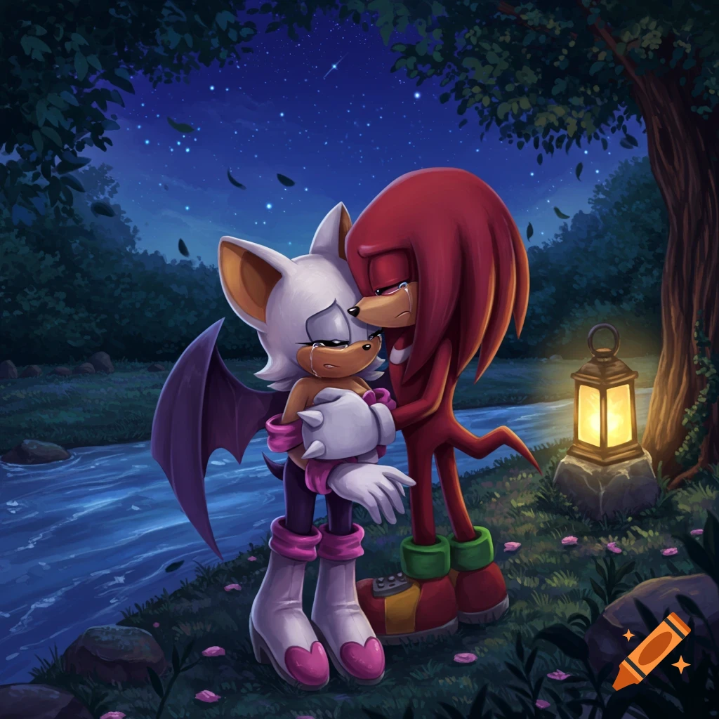 Knuckles the Echidna hugs and comforts a crying Rouge the Bat in a moonlit forest by a river, with a glowing lantern nearby.