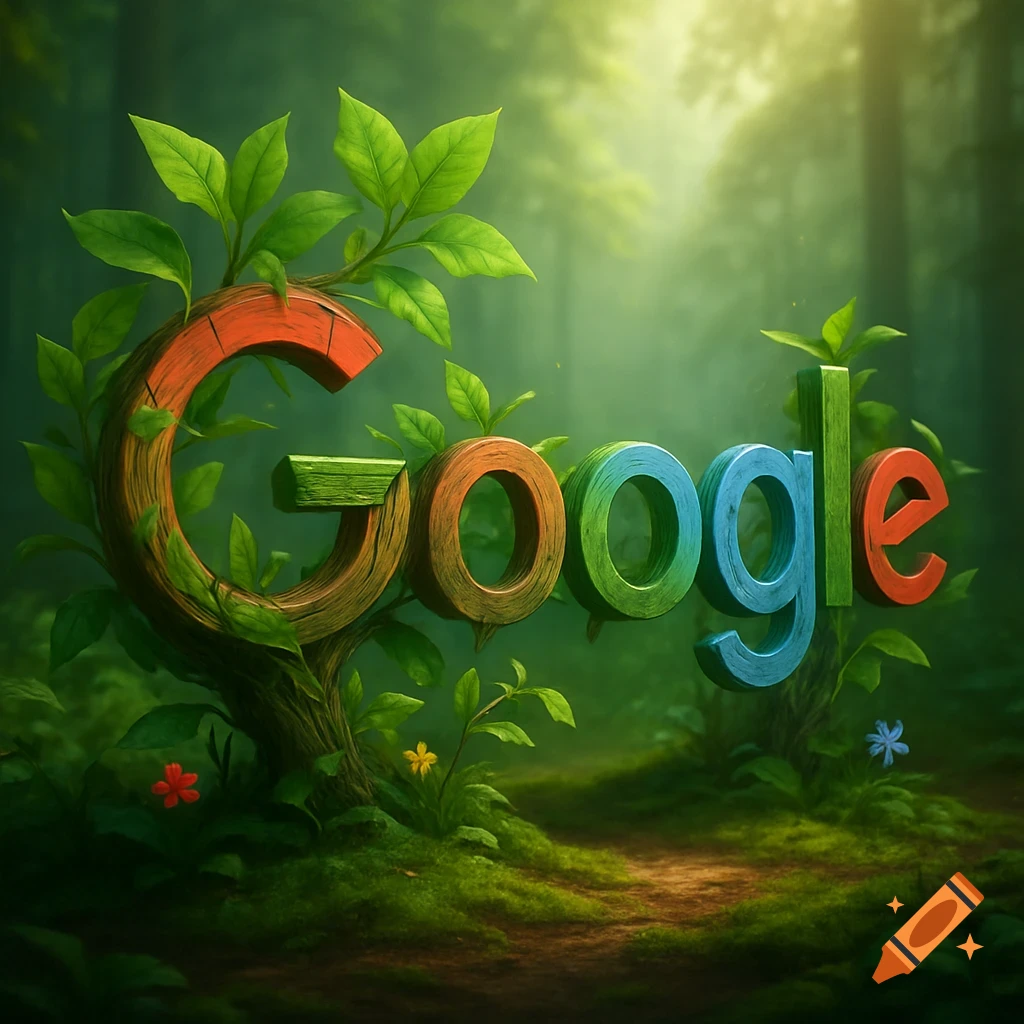 The Google logo depicted as tree-like letters nestled in a vibrant, sunlit forest path with green foliage.