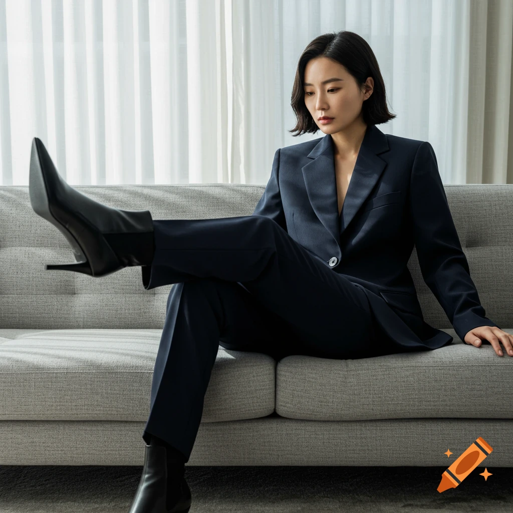Photorealistic portrait of a Korean woman in a navy suit sitting on a couch, looking down, with crossed legs and black ankle boots.