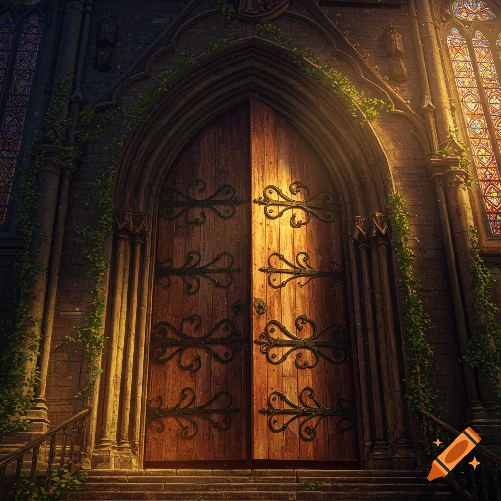 Ornate gothic cathedral doors with intricate ironwork and stained glass, bathed in golden light.