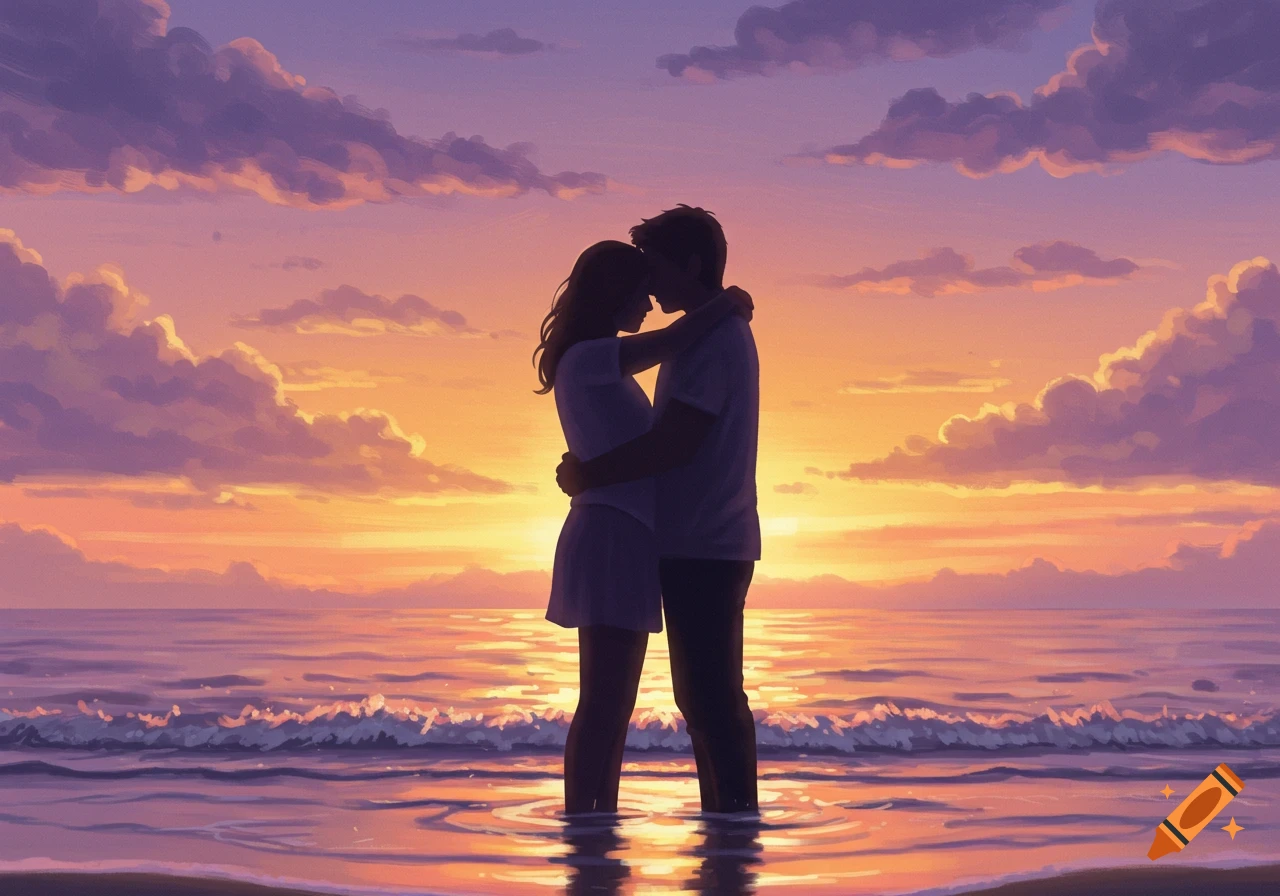 A stylized illustration of a couple embracing in the ocean at sunset, silhouetted against an orange and purple sky.